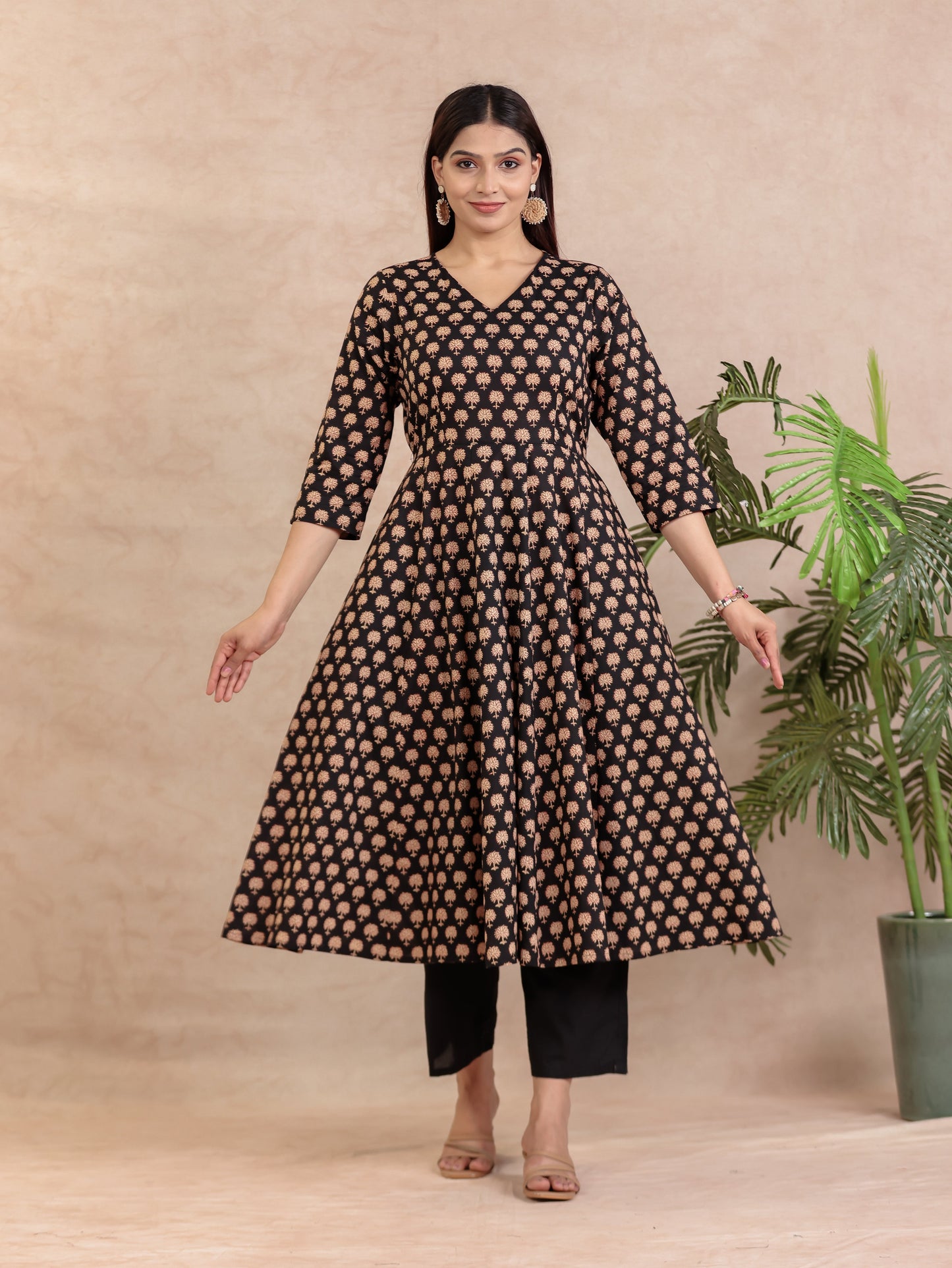 Soft Cotton Butti Angrakha Black Kurta