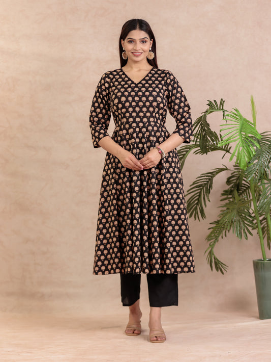 Soft Cotton Butti Angrakha Black Kurta