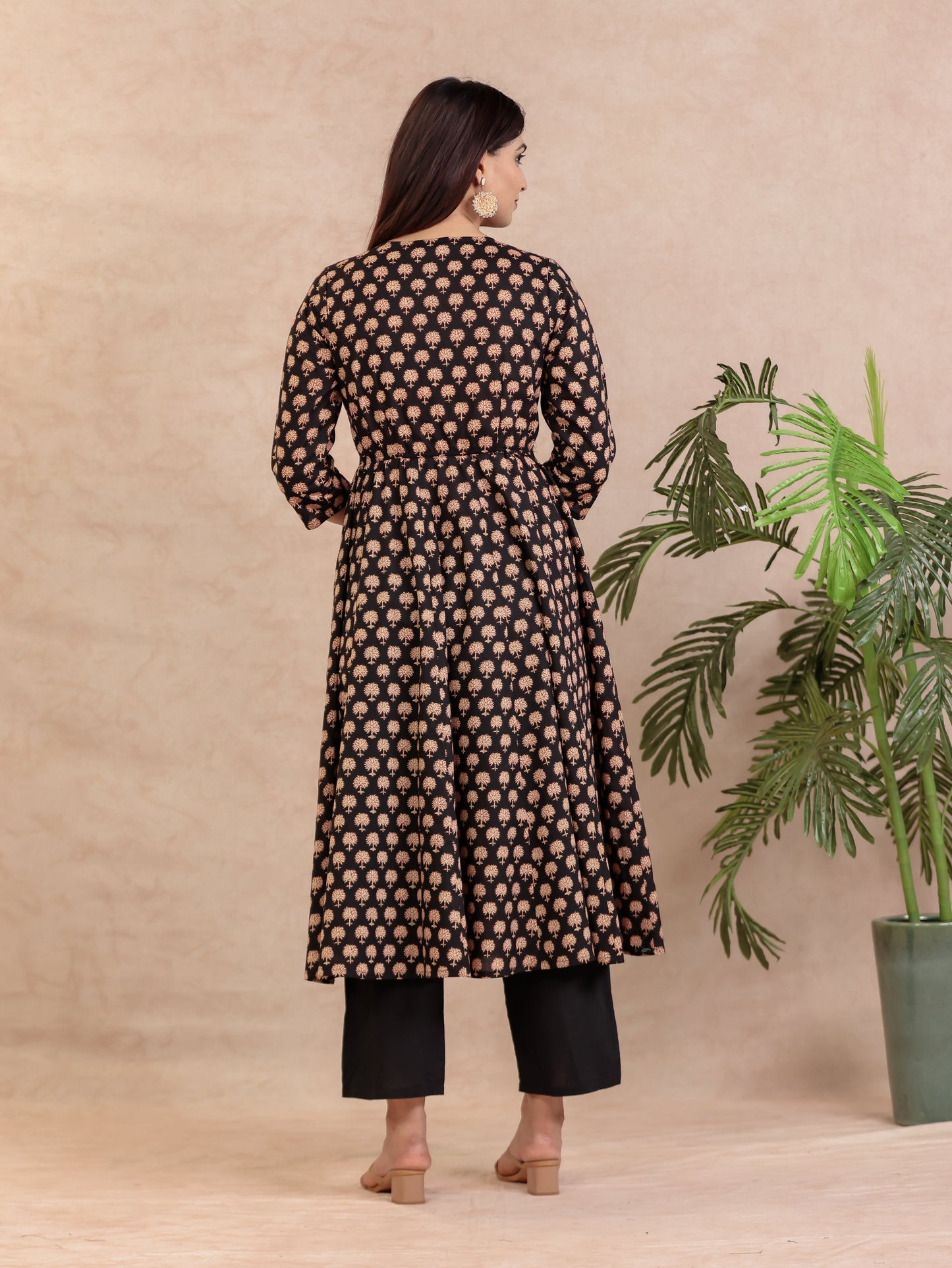 Soft Cotton Butti Angrakha Black Kurta