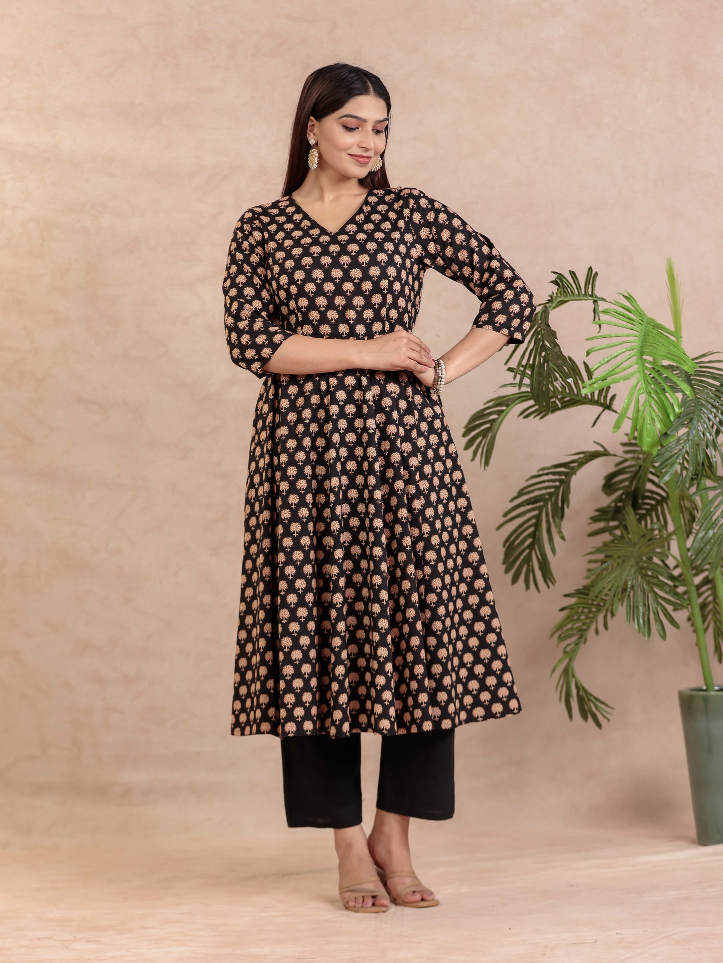 Soft Cotton Butti Angrakha Black Kurta