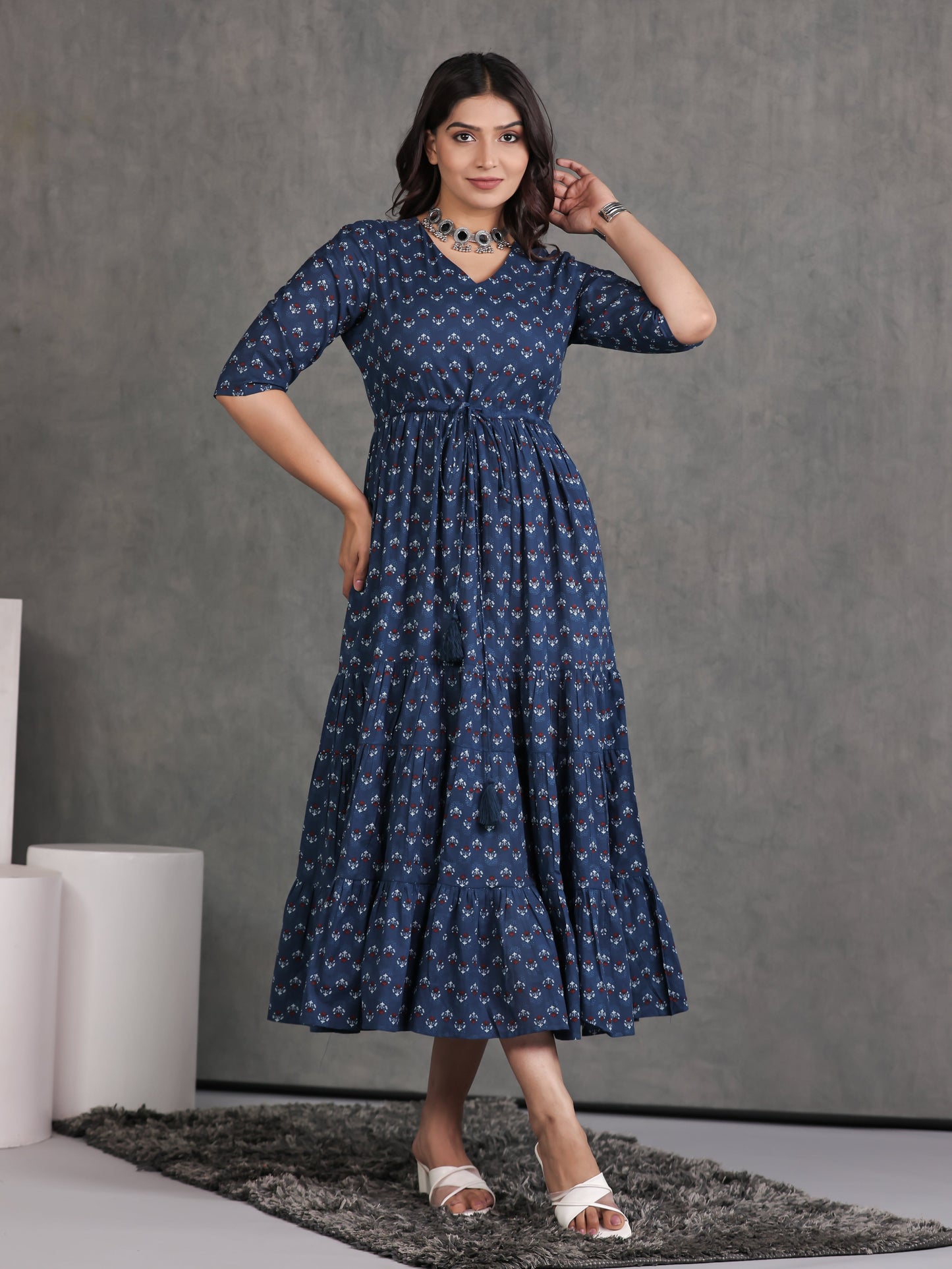 Soft Cotton Butti A-line Blue Dress