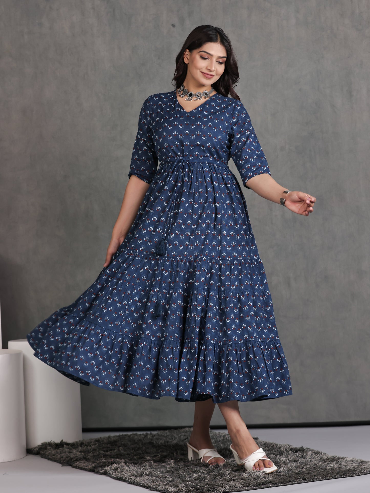 Soft Cotton Butti A-line Blue Dress