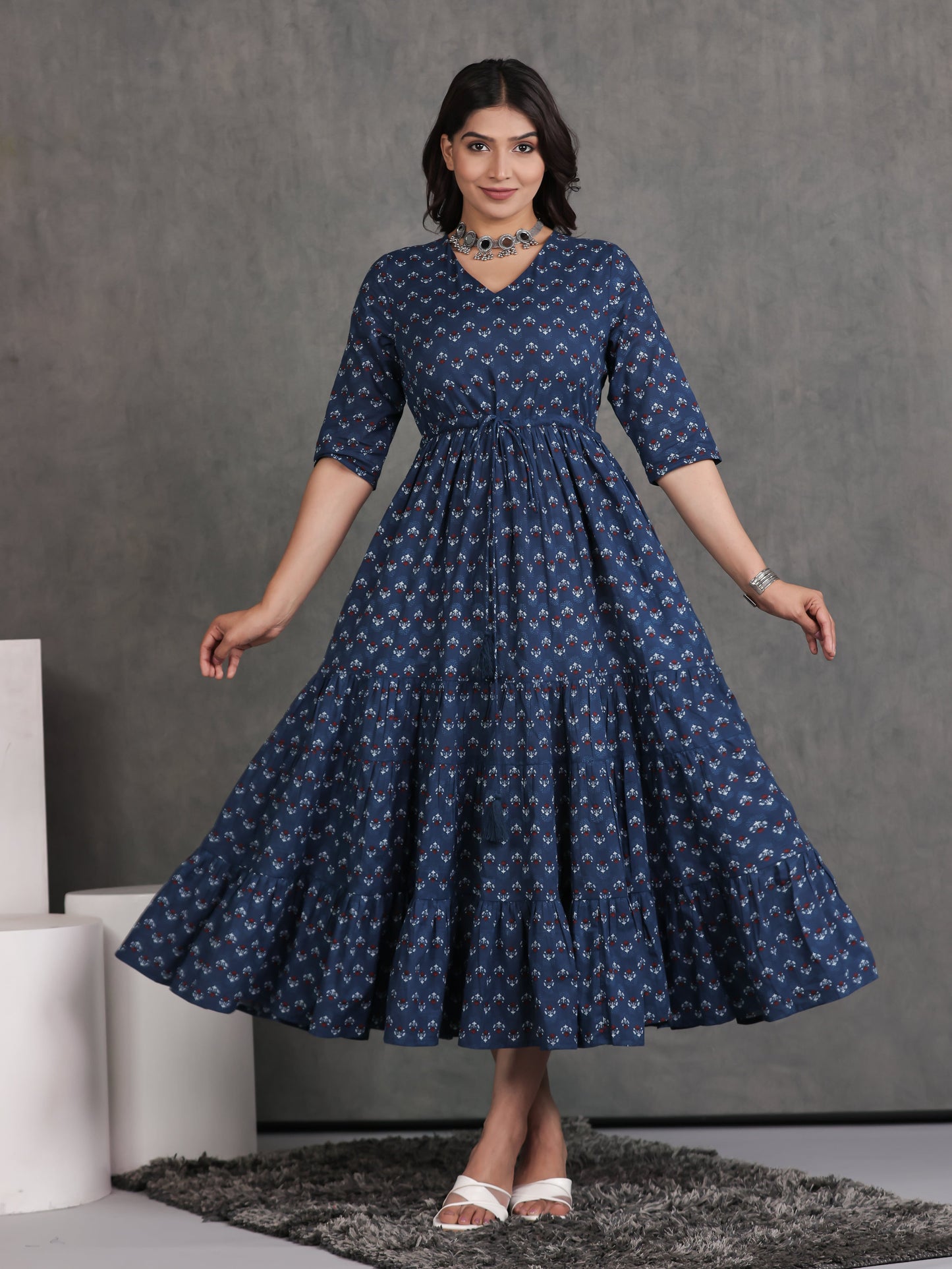 Soft Cotton Butti A-line Blue Dress