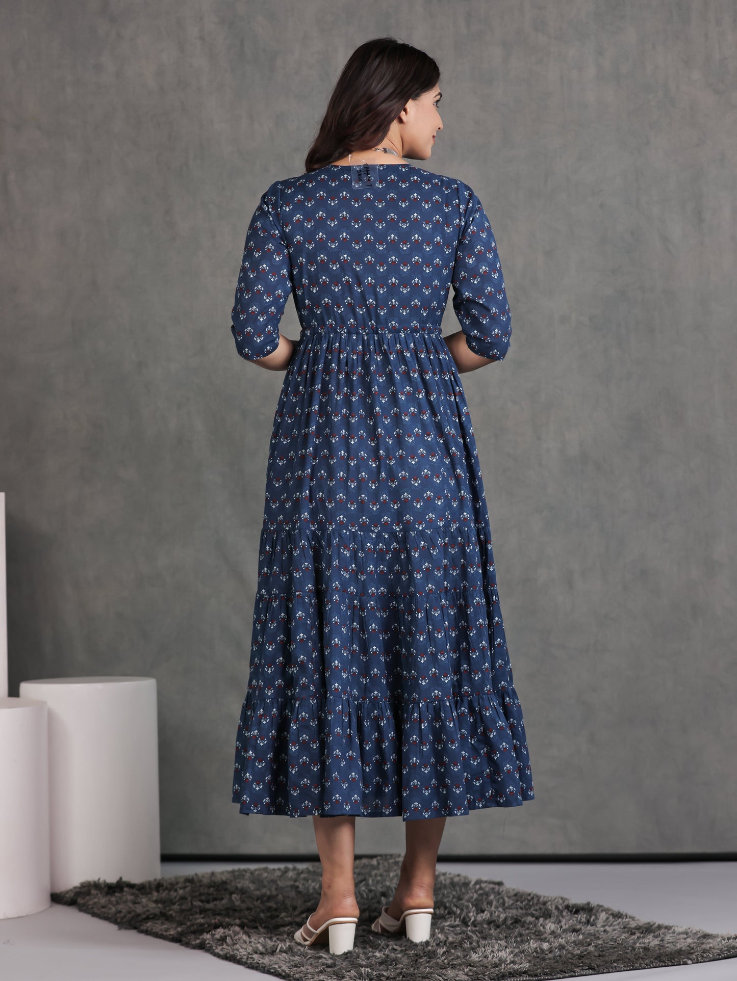 Soft Cotton Butti A-line Blue Dress