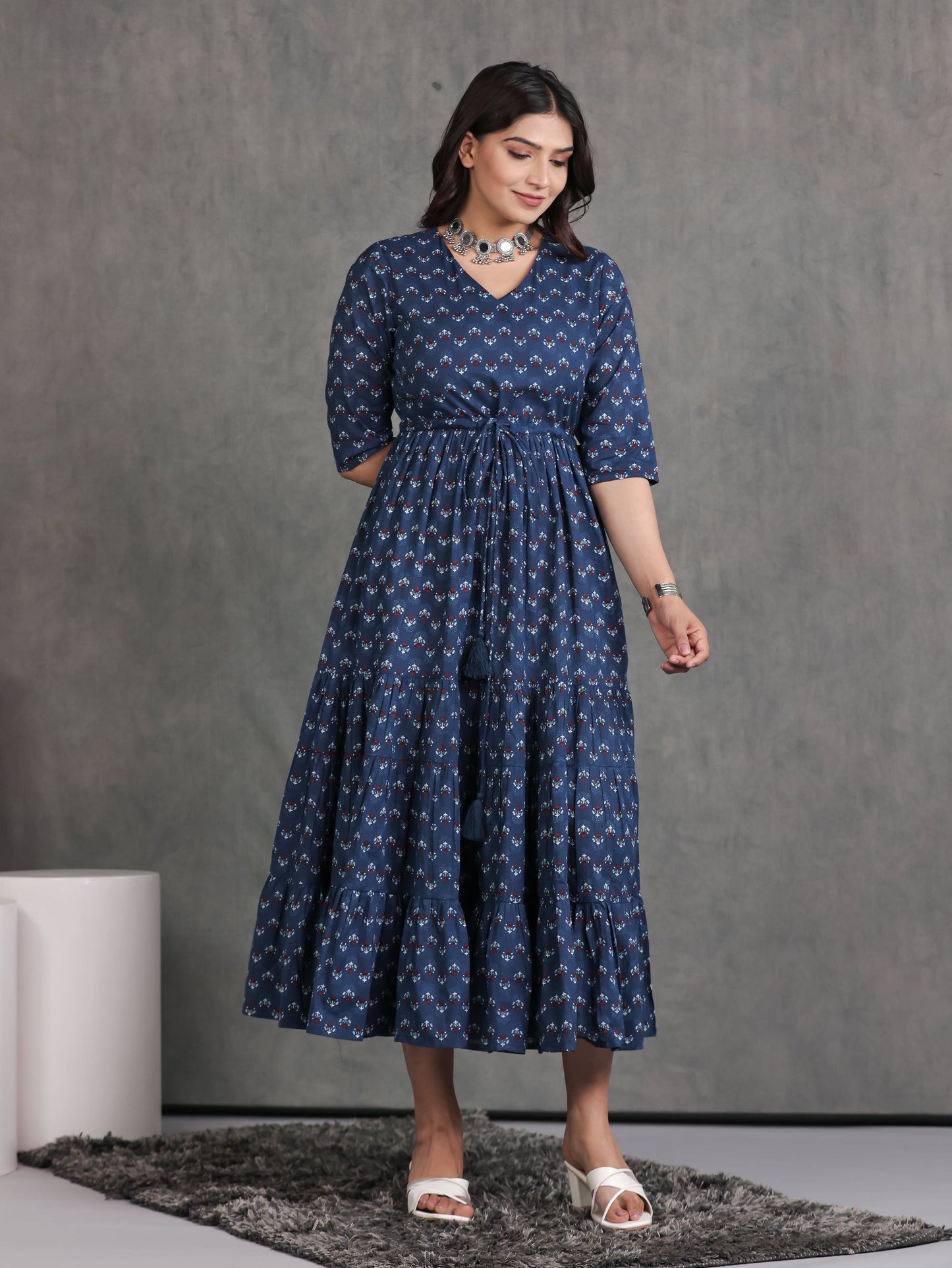 Soft Cotton Butti A-line Blue Dress