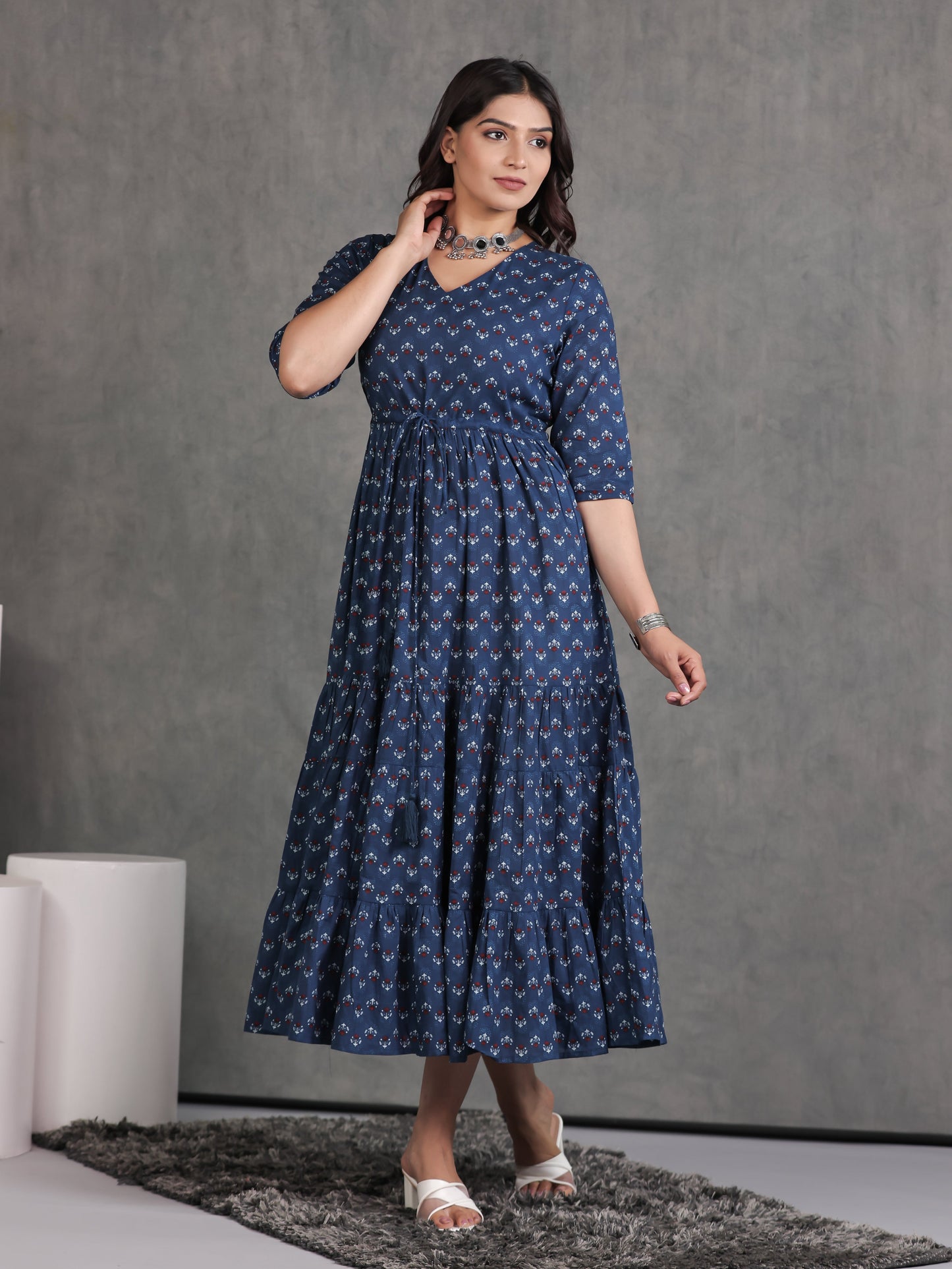 Soft Cotton Butti A-line Blue Dress