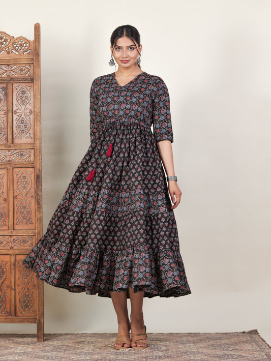 Soft Cotton Butti Tiered Black Dress
