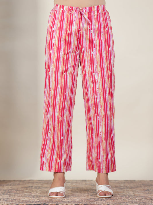 Soft Cotton Striped Pink Straight Trousers