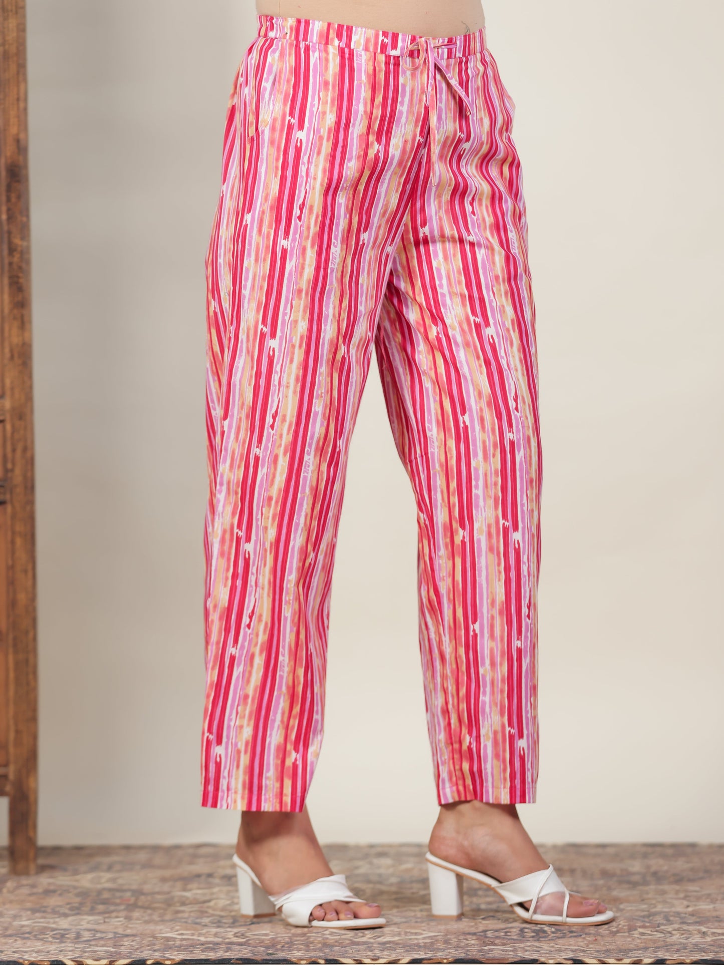 Soft Cotton Striped Pink Straight Trousers