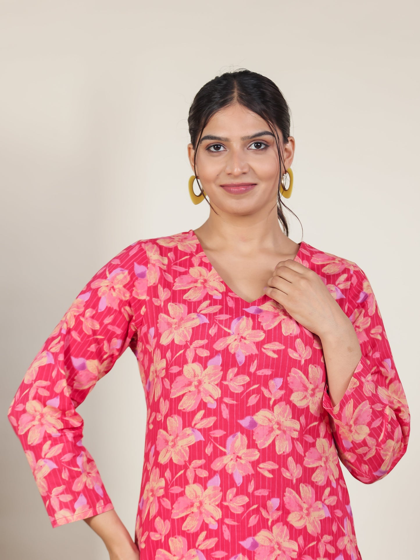 Soft Cotton Floral Straight Pink Kurta