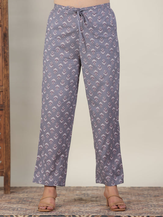 Soft Cotton Floral Grey Straight Trousers