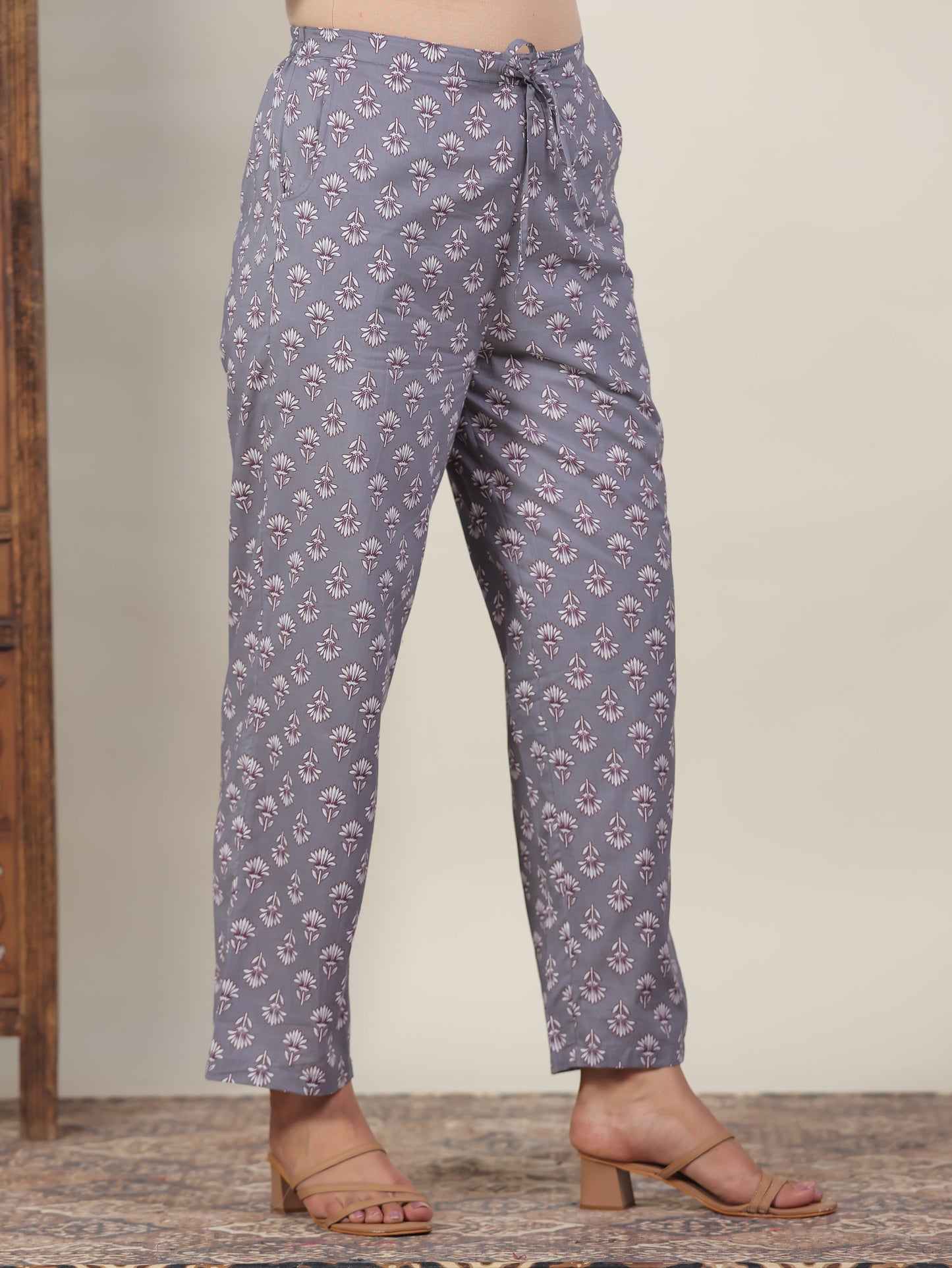 Soft Cotton Floral Grey Straight Trousers