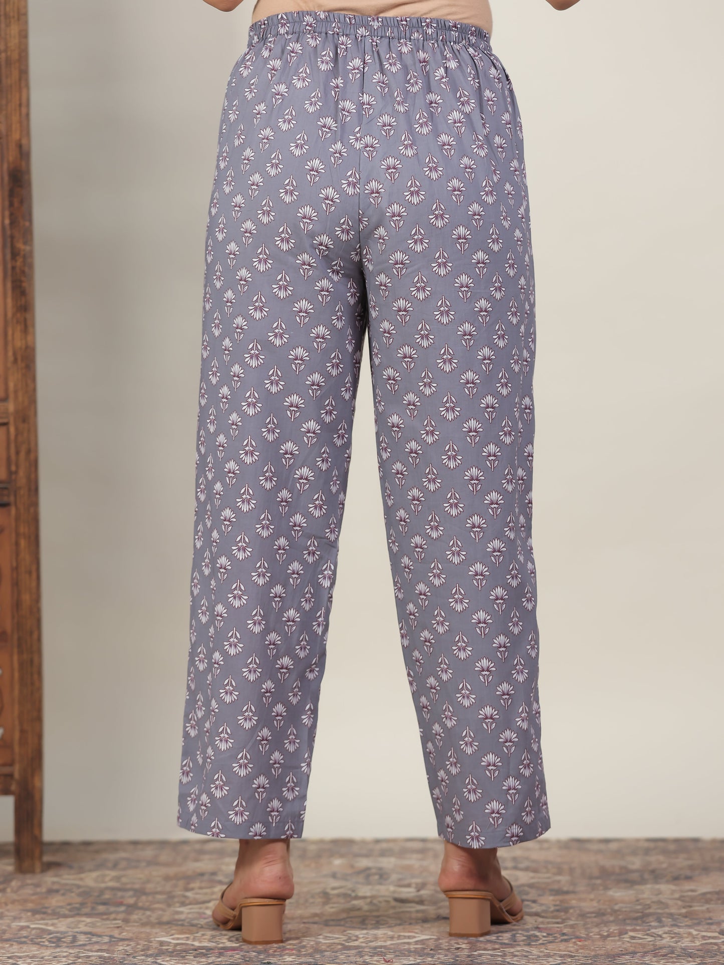 Soft Cotton Floral Grey Straight Trousers