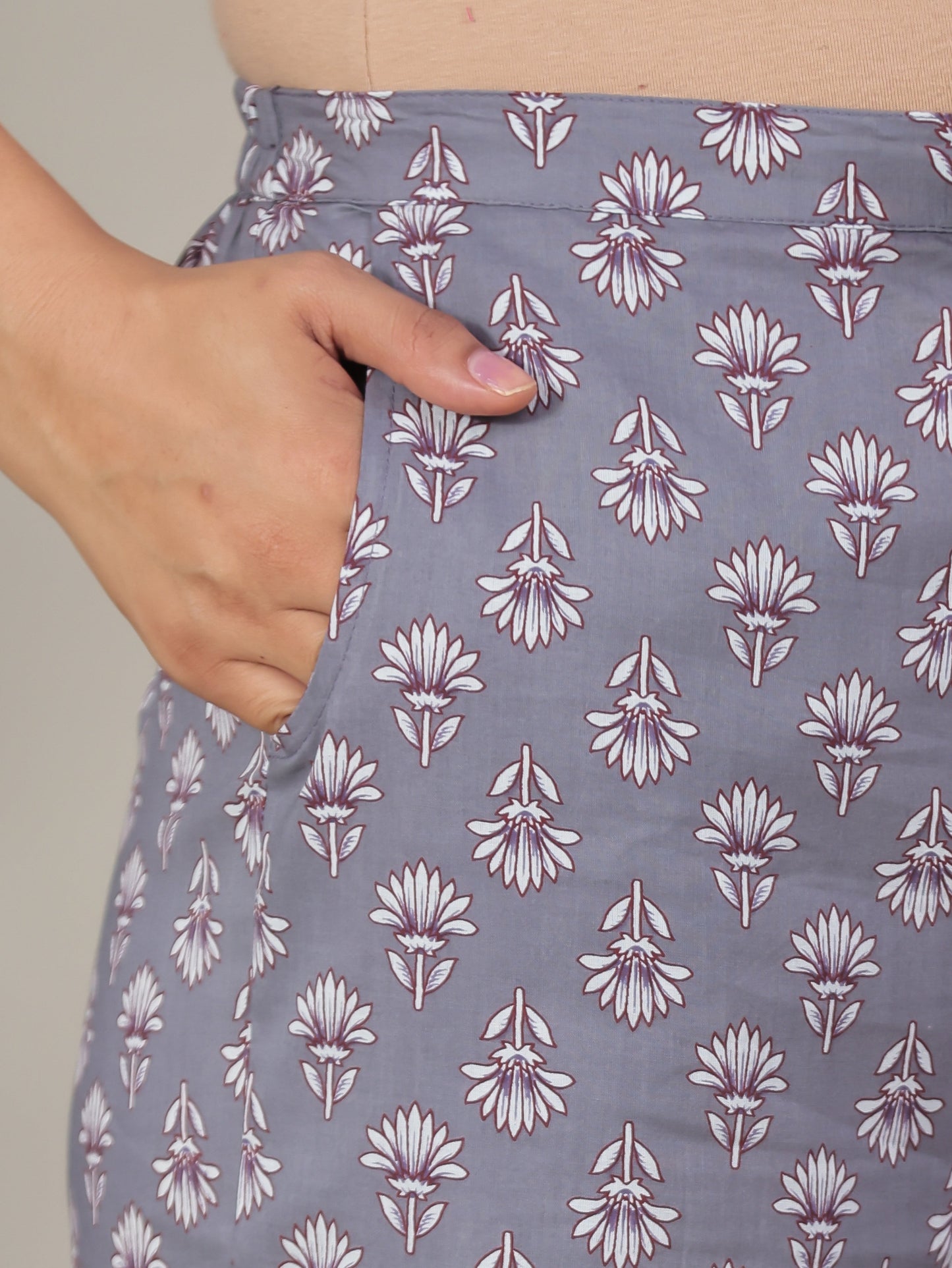Soft Cotton Floral Grey Straight Trousers