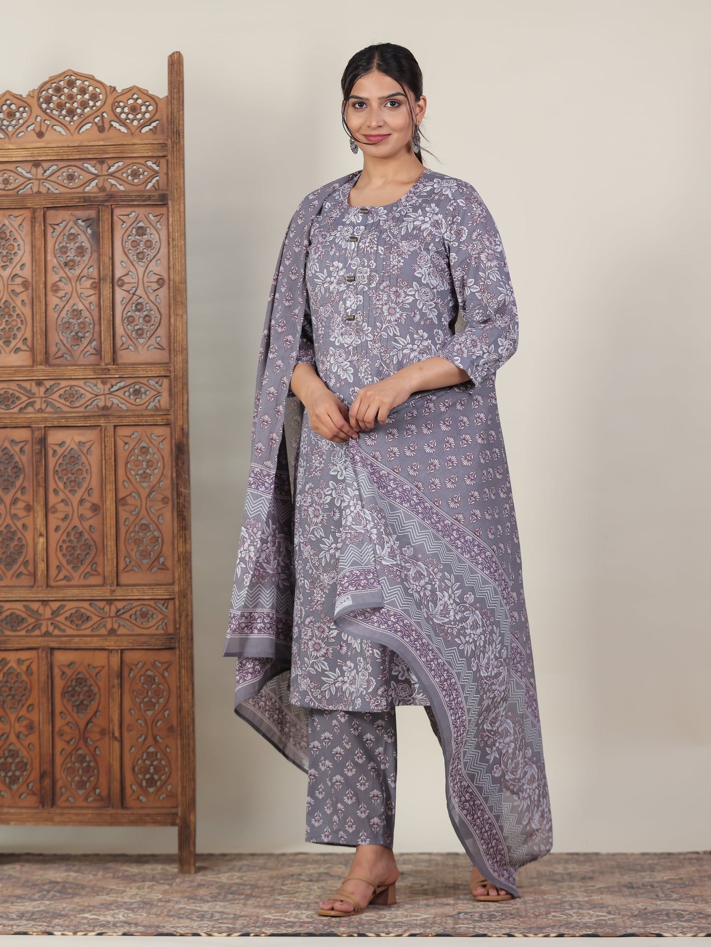 Cotton Voile Floral Grey Dupatta
