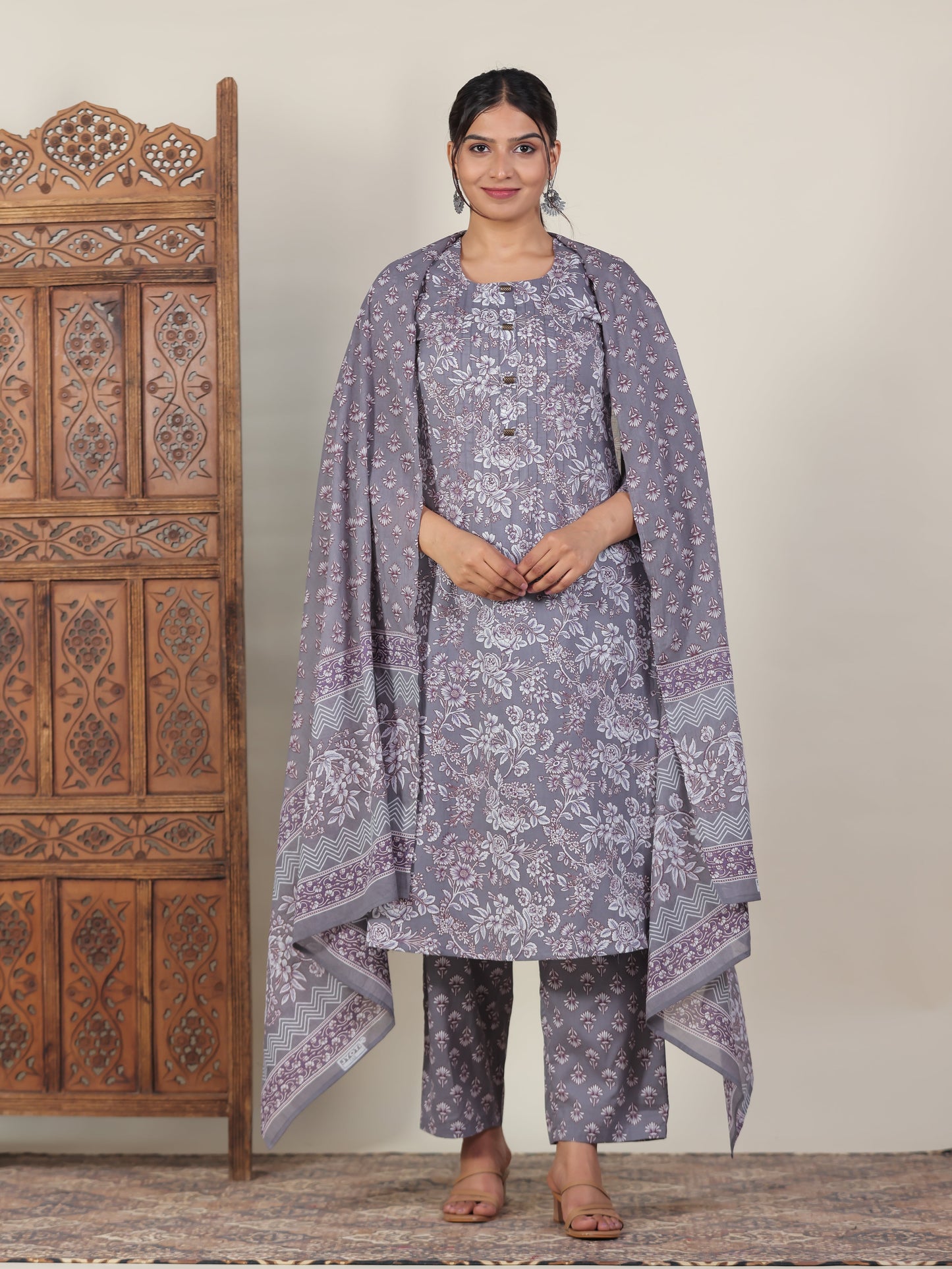 Cotton Voile Floral Grey Dupatta