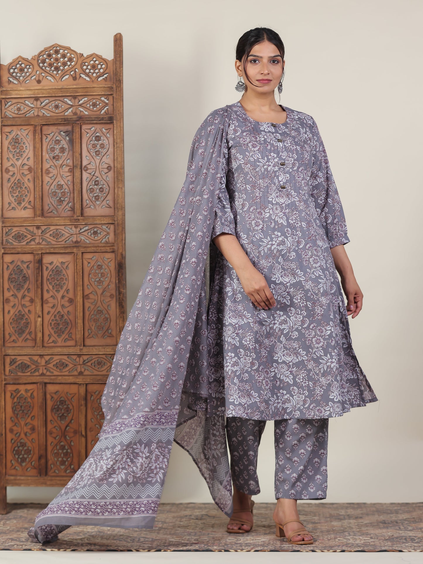 Soft Cotton Floral A-line Grey Kurta