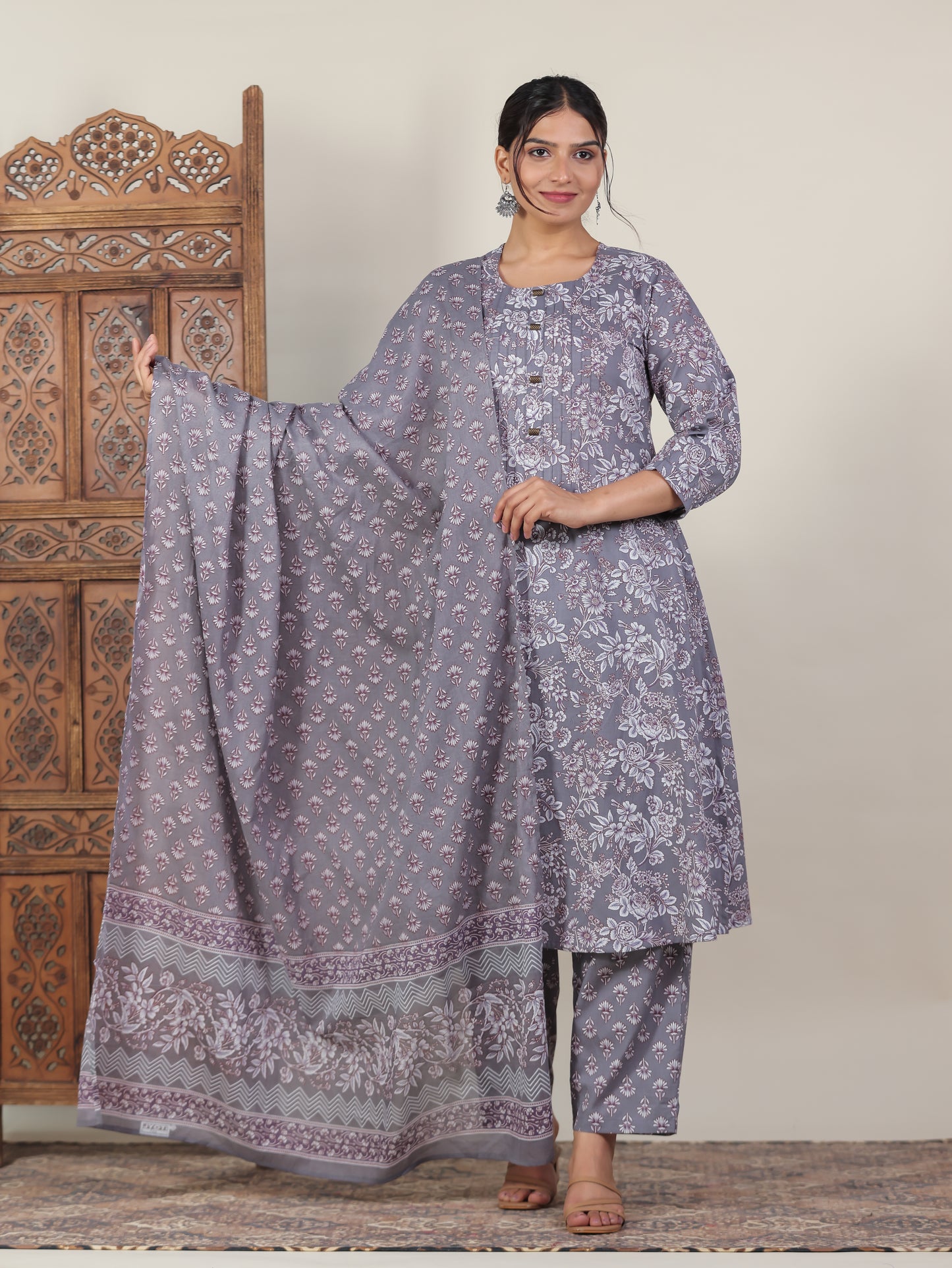 Soft Cotton Floral A-line Grey Kurta