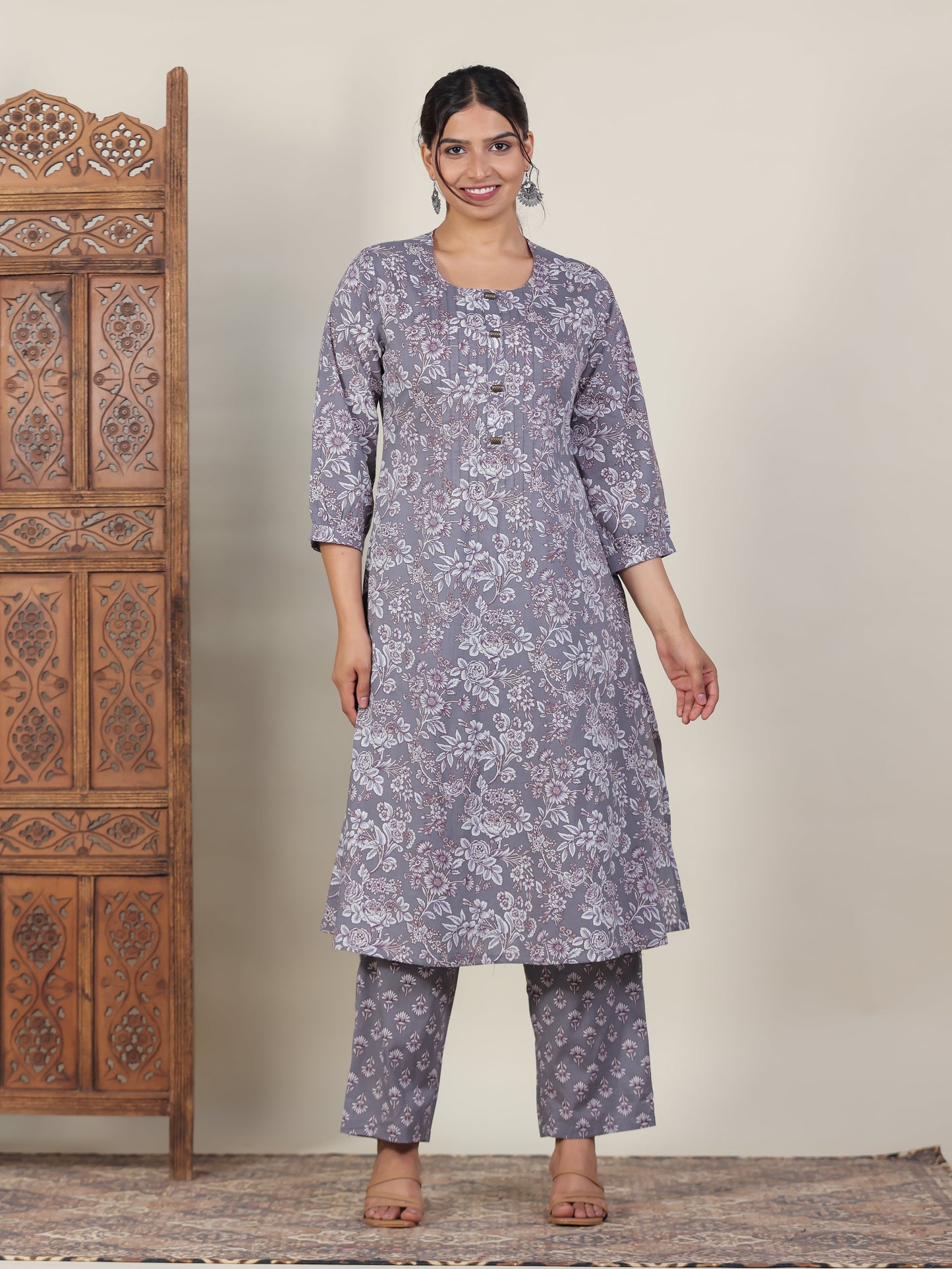 Soft Cotton Floral A-line Grey Kurta