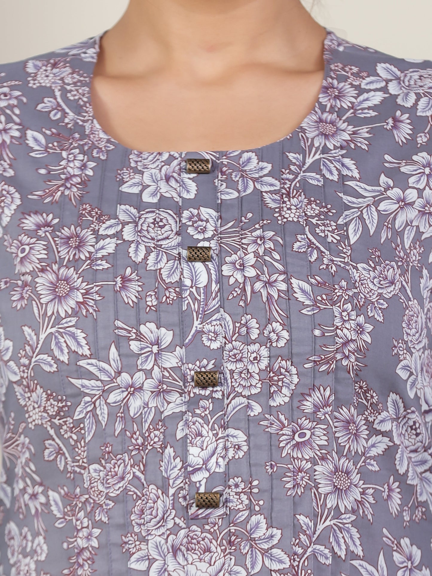 Soft Cotton Floral A-line Grey Kurta