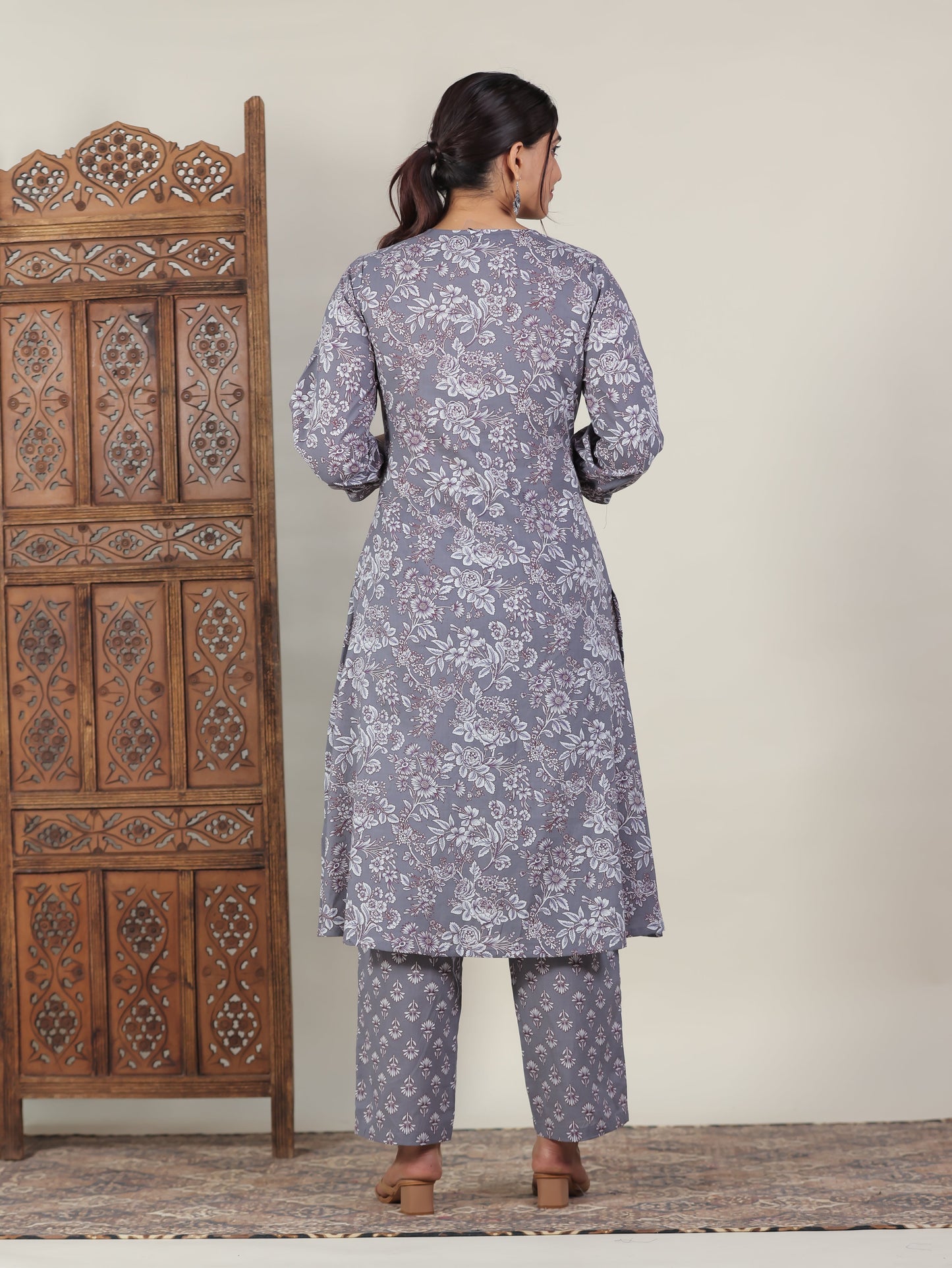 Soft Cotton Floral A-line Grey Kurta