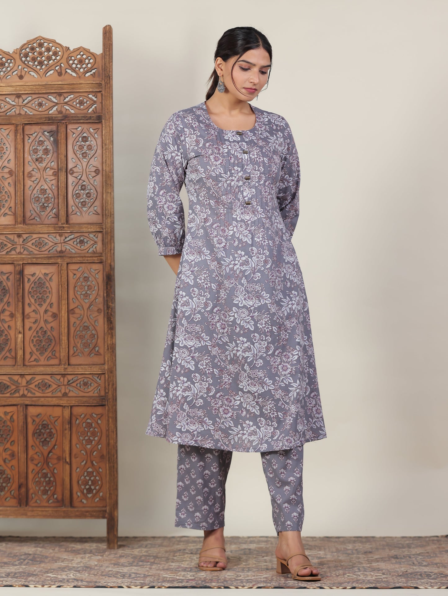 Soft Cotton Floral A-line Grey Kurta