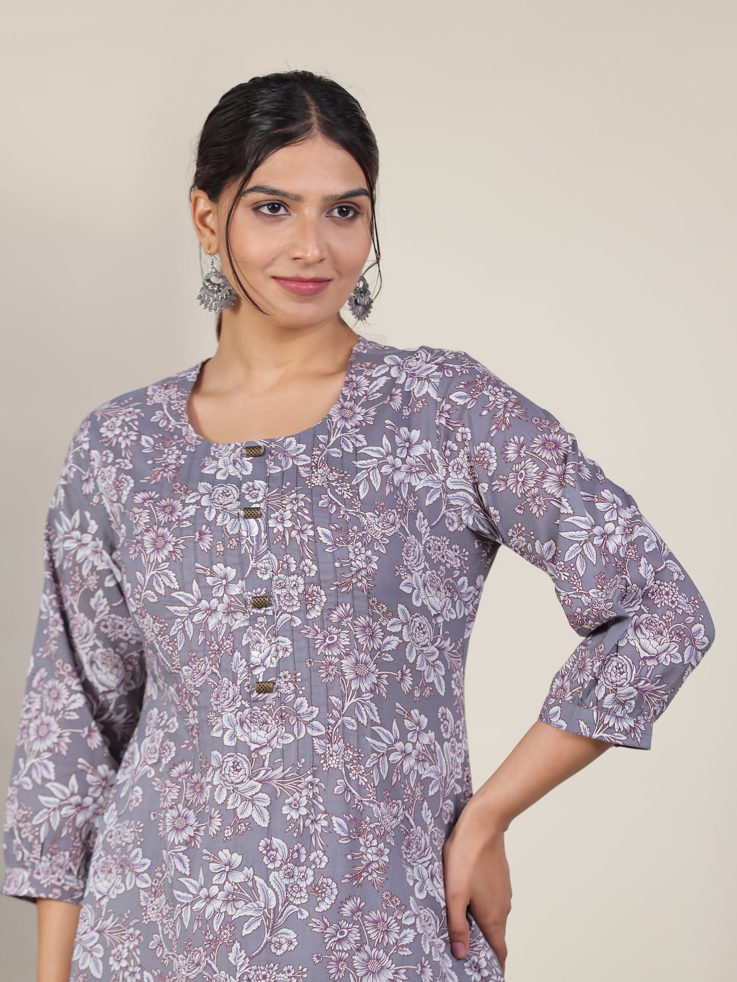 Soft Cotton Floral A-line Grey Kurta