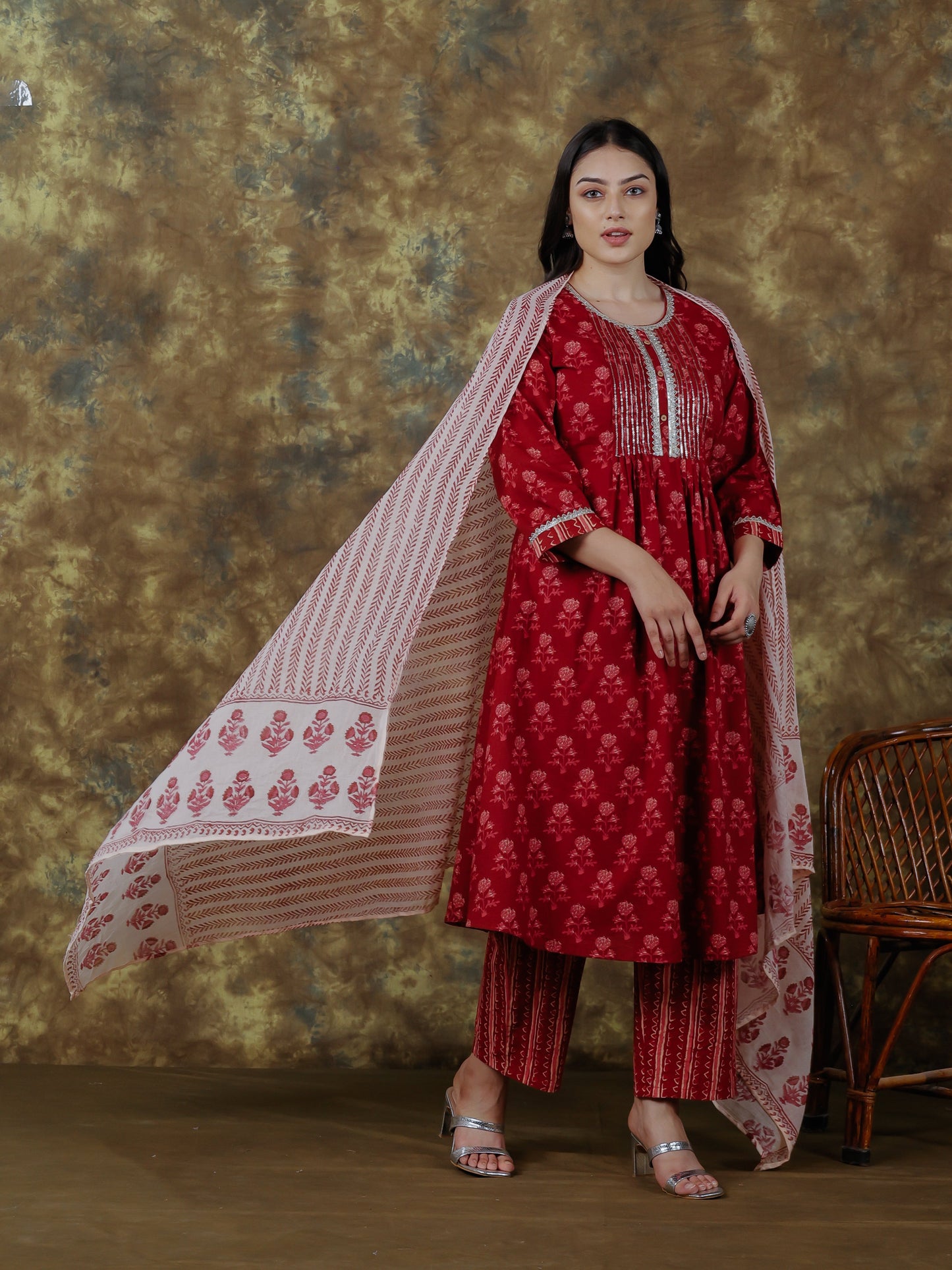 Cotton Voile Border print Beige Dupatta