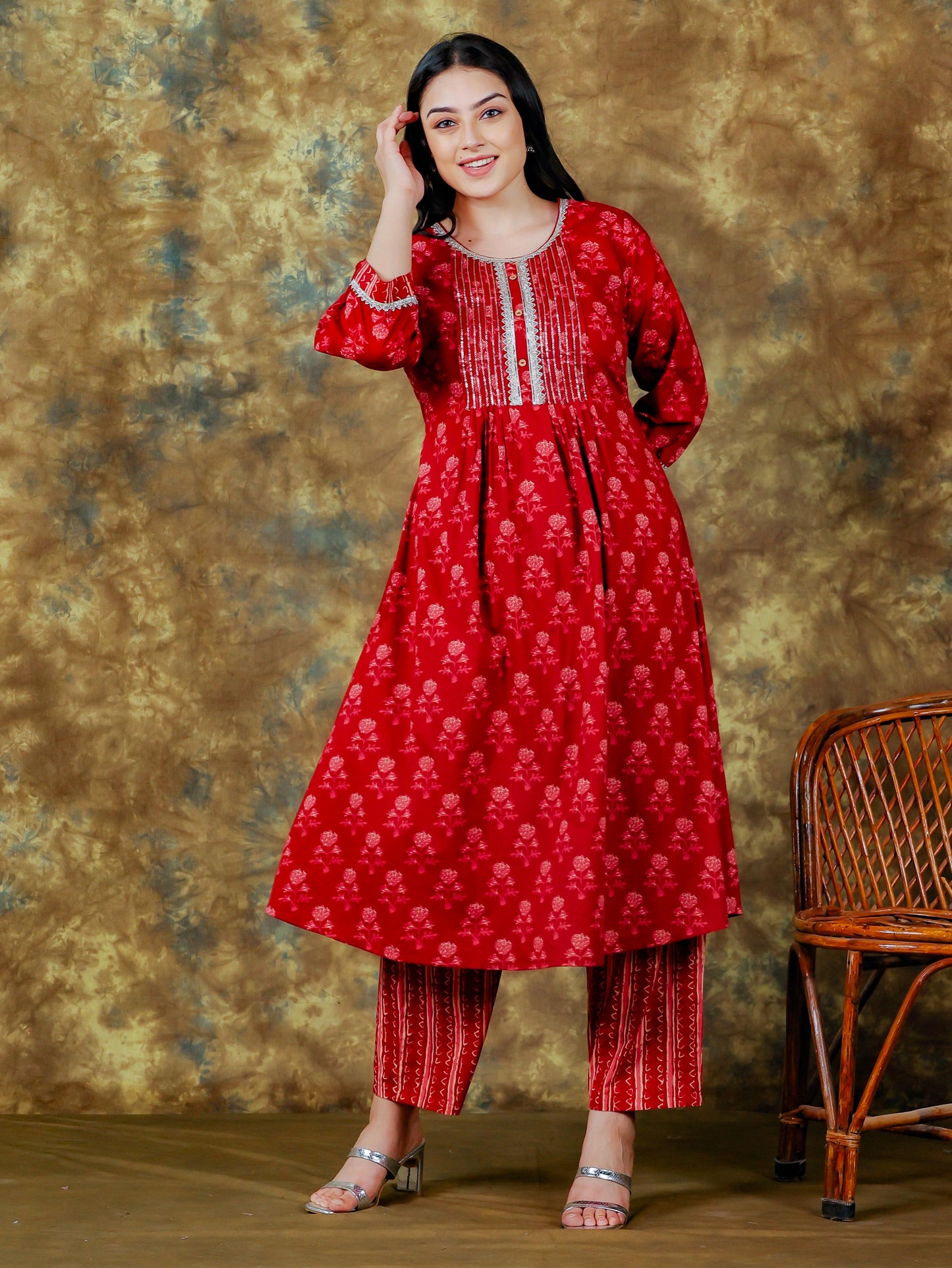 Embroidered Soft Cotton Block Print Flared Maroon Kurta