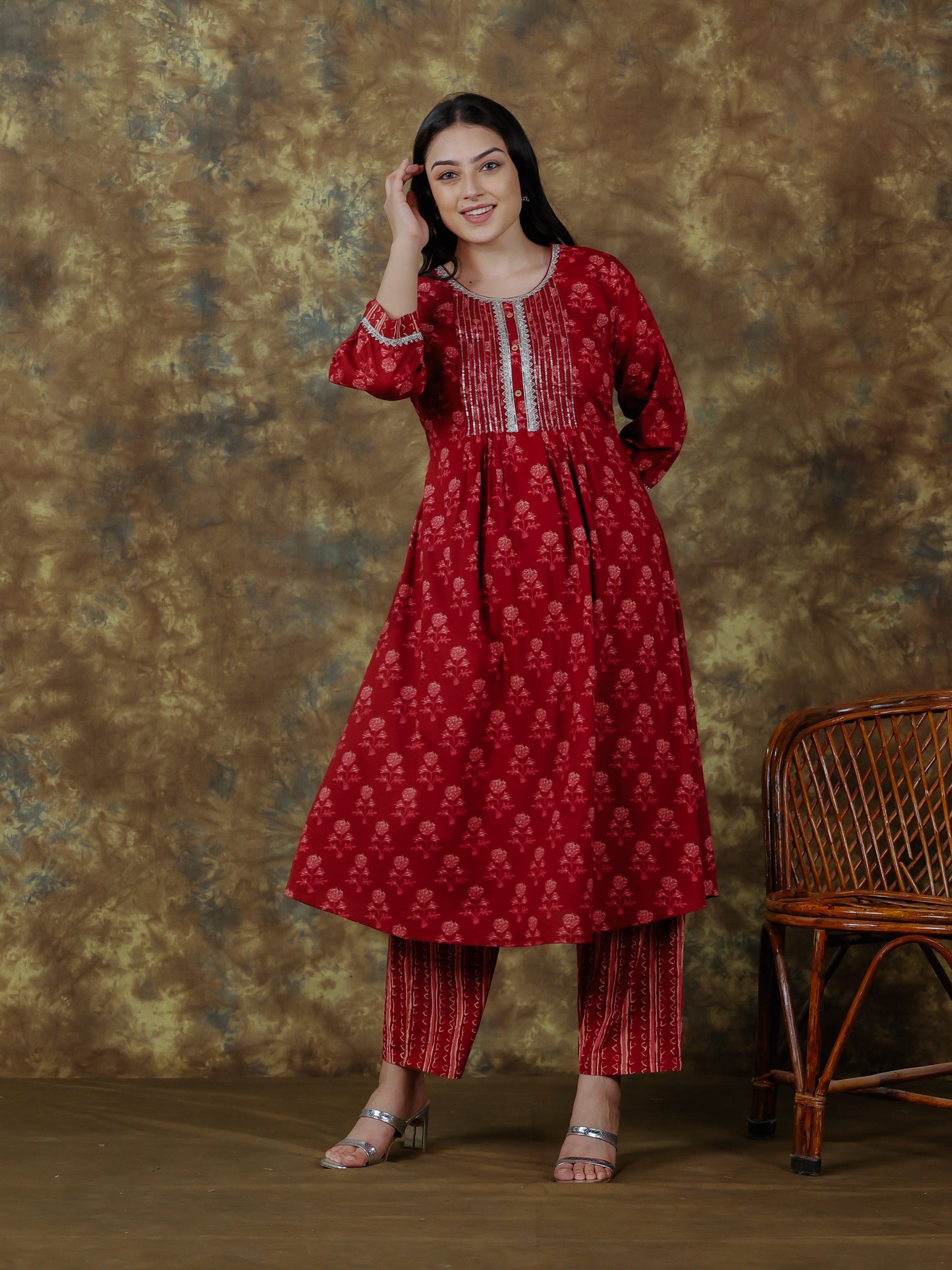 Embroidered Soft Cotton Ajrakh A-line Maroon Kurta