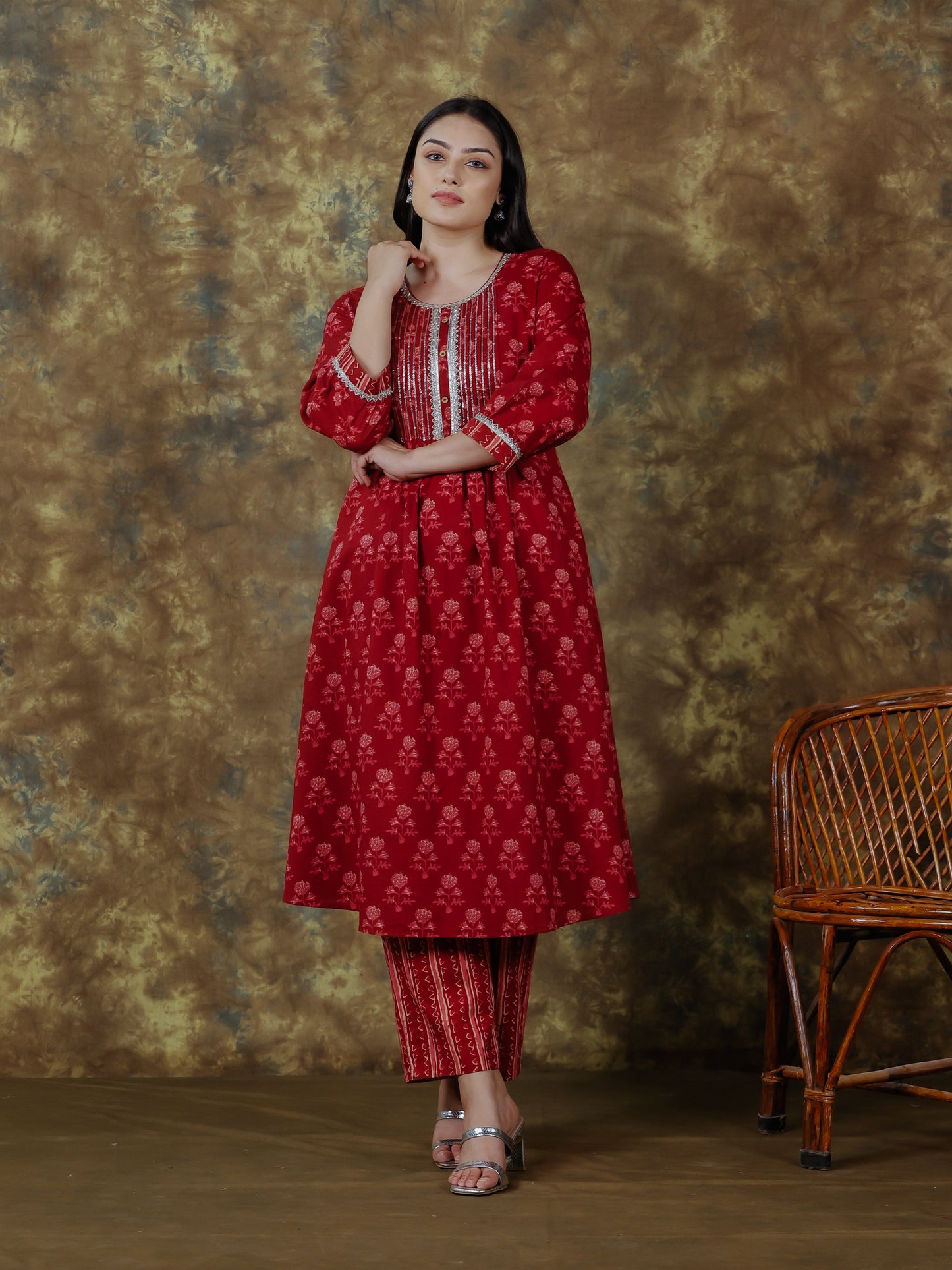 Embroidered Soft Cotton Ajrakh A-line Maroon Kurta