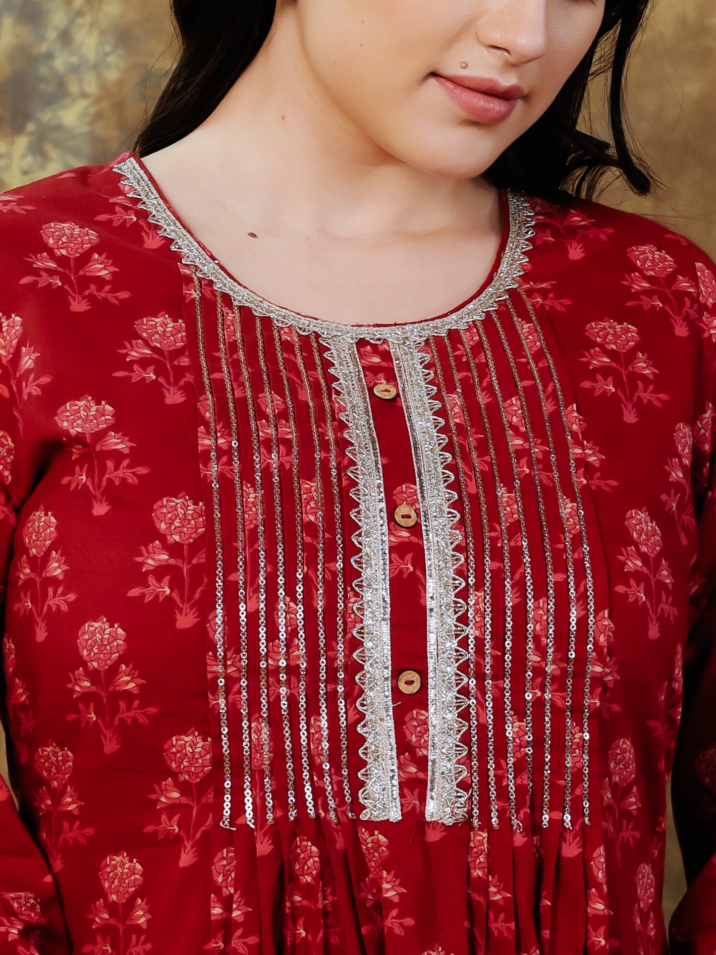 Embroidered Soft Cotton Ajrakh A-line Maroon Kurta