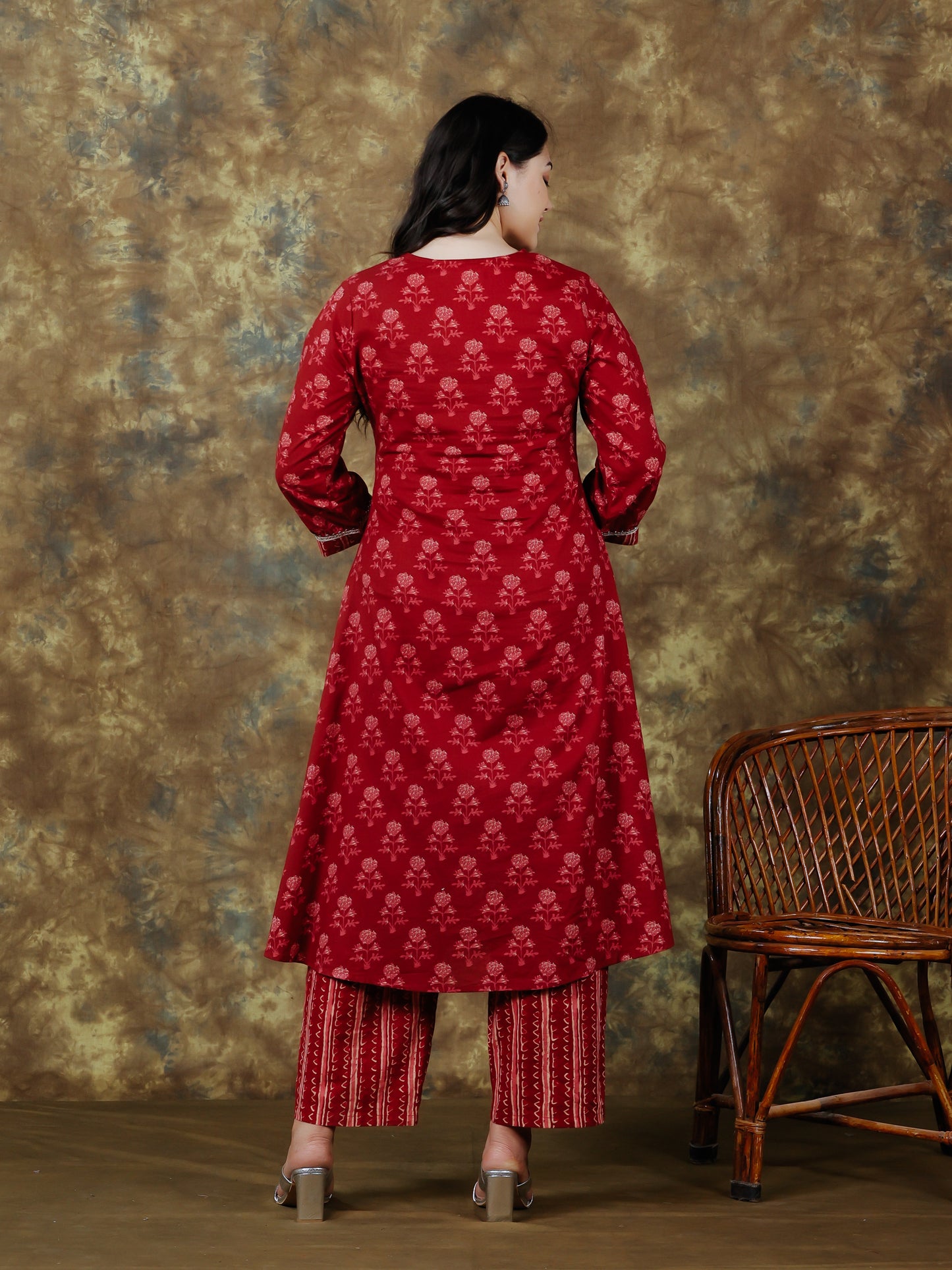 Embroidered Soft Cotton Block Print Flared Maroon Kurta