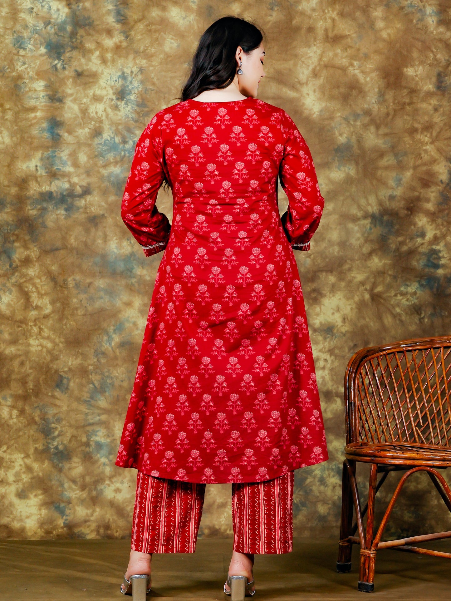 Embroidered Soft Cotton Block Print Flared Maroon Kurta