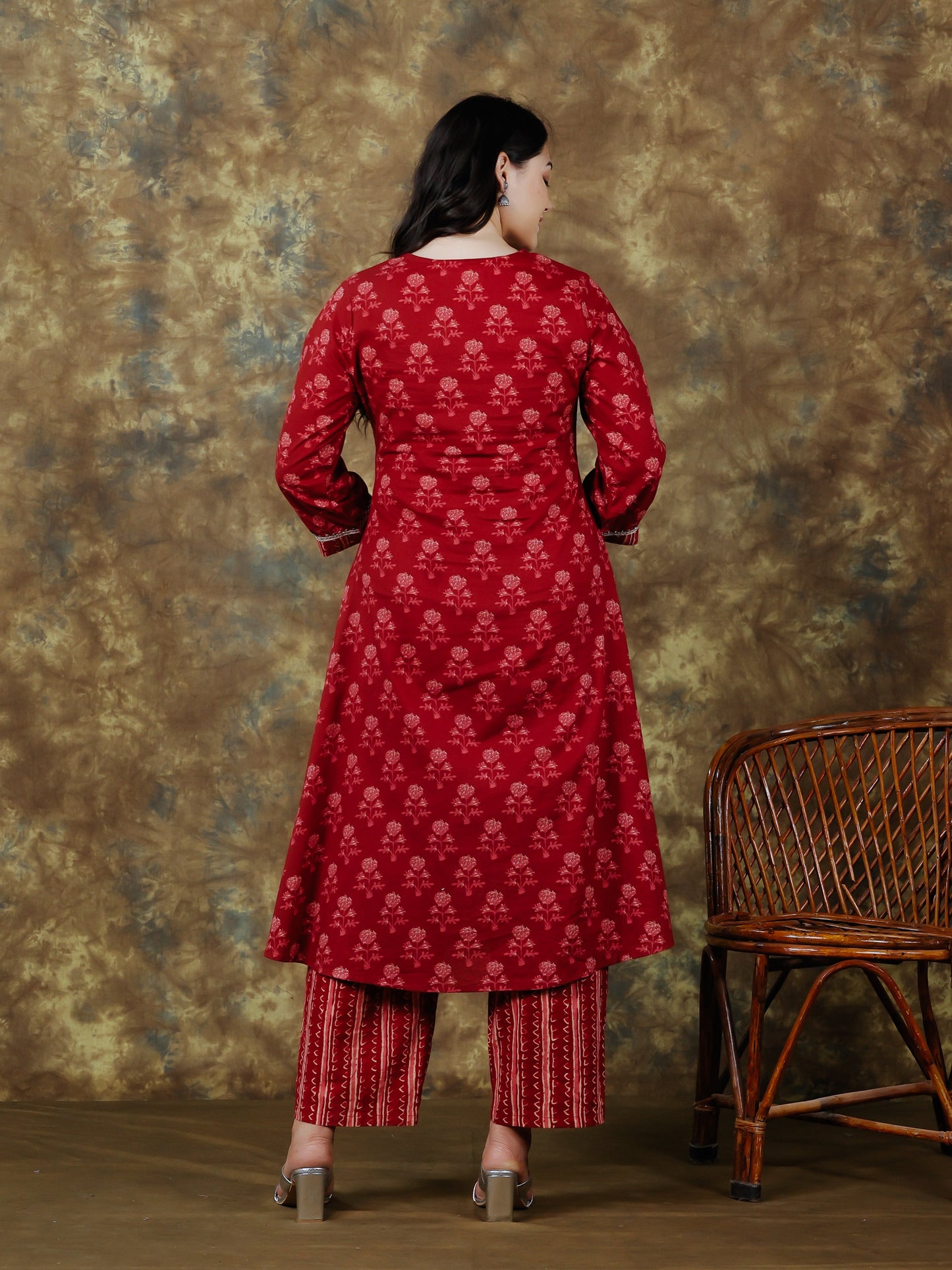 Embroidered Soft Cotton Ajrakh A-line Maroon Kurta