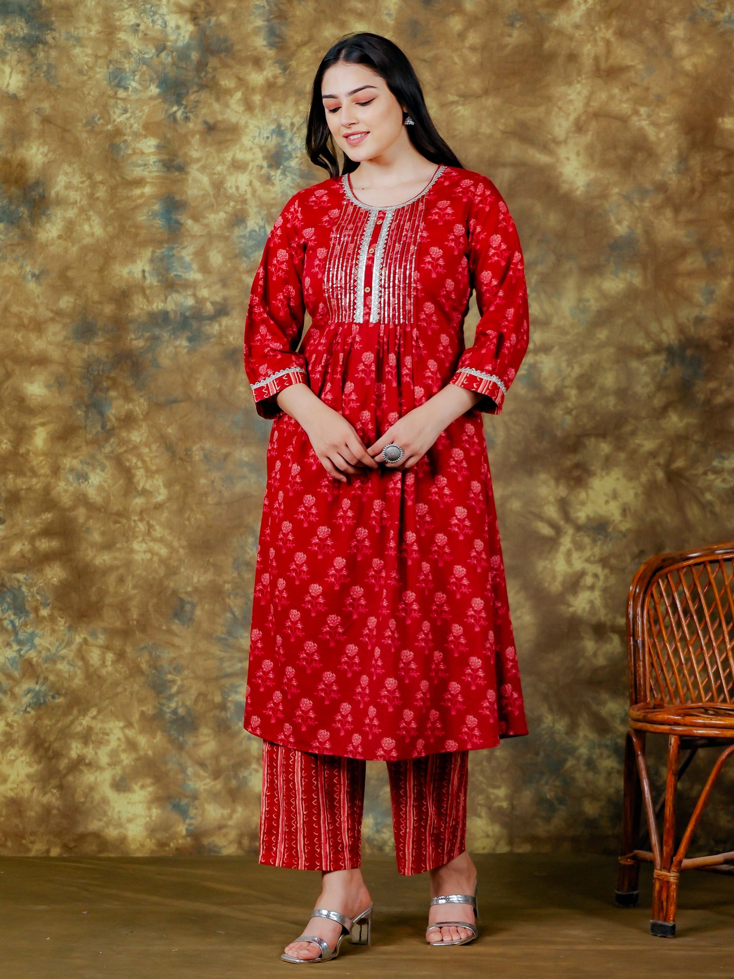Embroidered Soft Cotton Block Print Flared Maroon Kurta