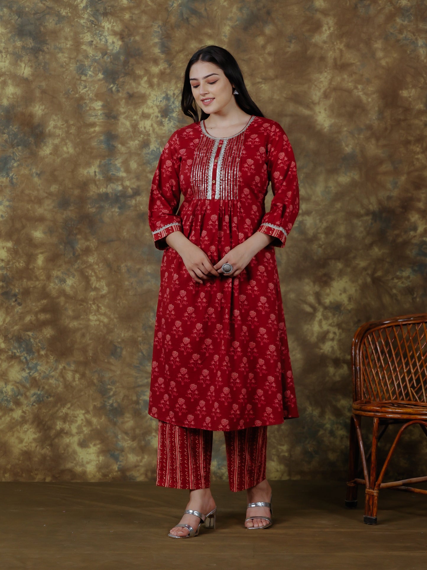 Embroidered Soft Cotton Ajrakh A-line Maroon Kurta