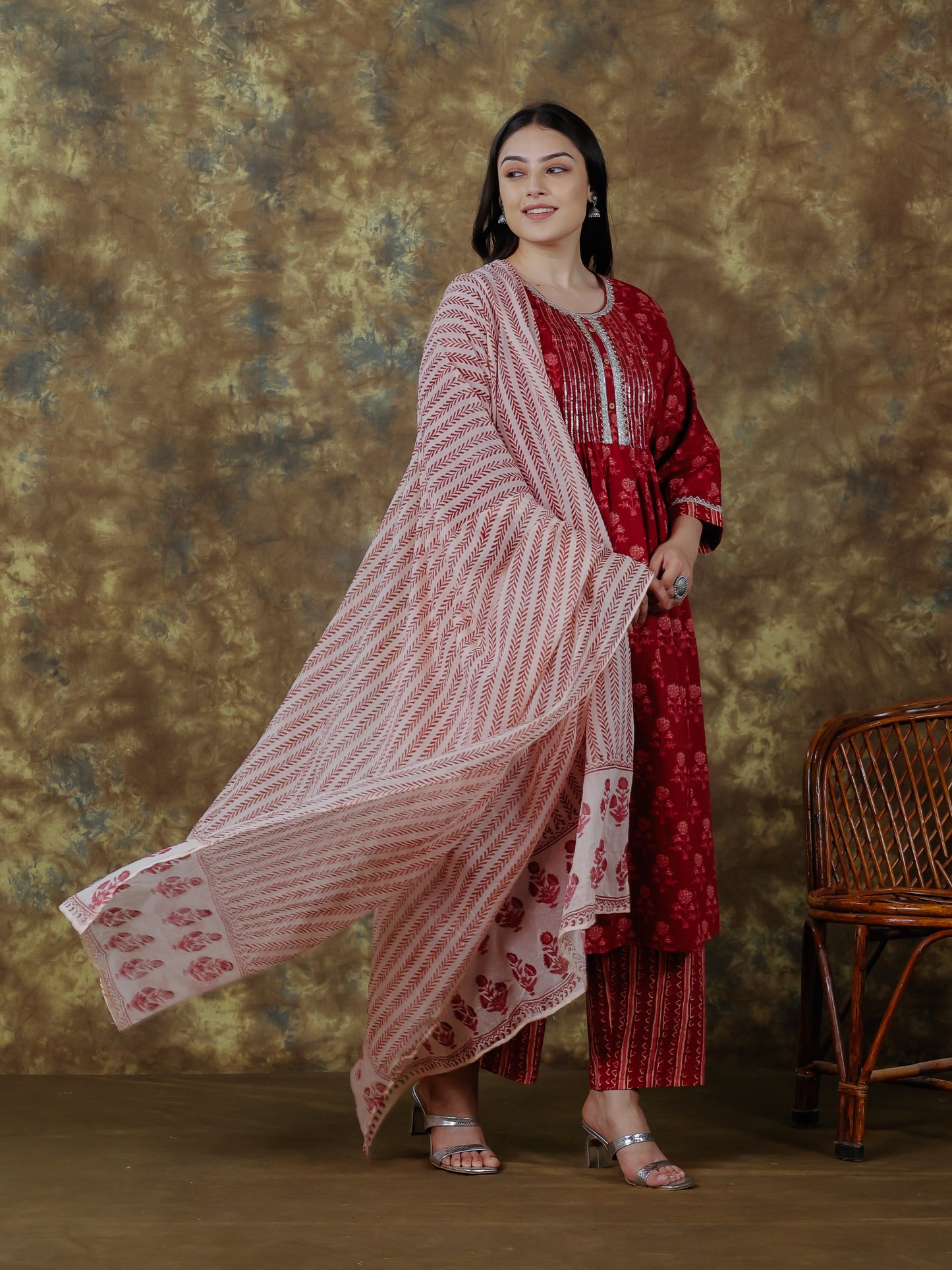 Embroidered Soft Cotton Ajrakh A-line Maroon Kurta