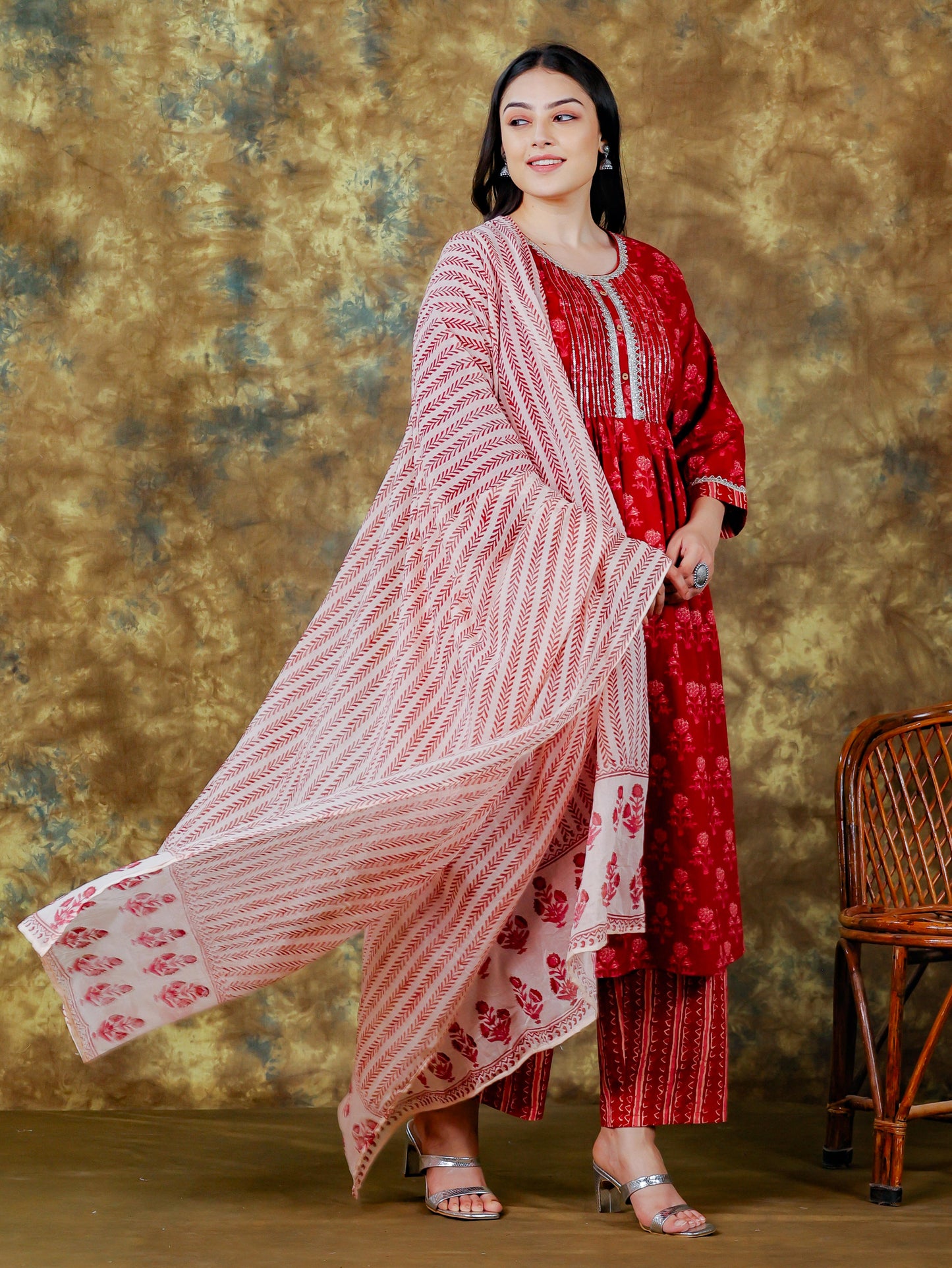 Embroidered Soft Cotton Block Print Flared Maroon Kurta
