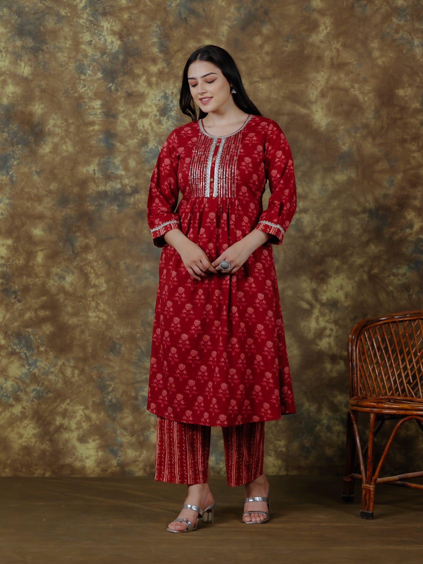 Embroidered Soft Cotton Block Print Flared Maroon Kurta