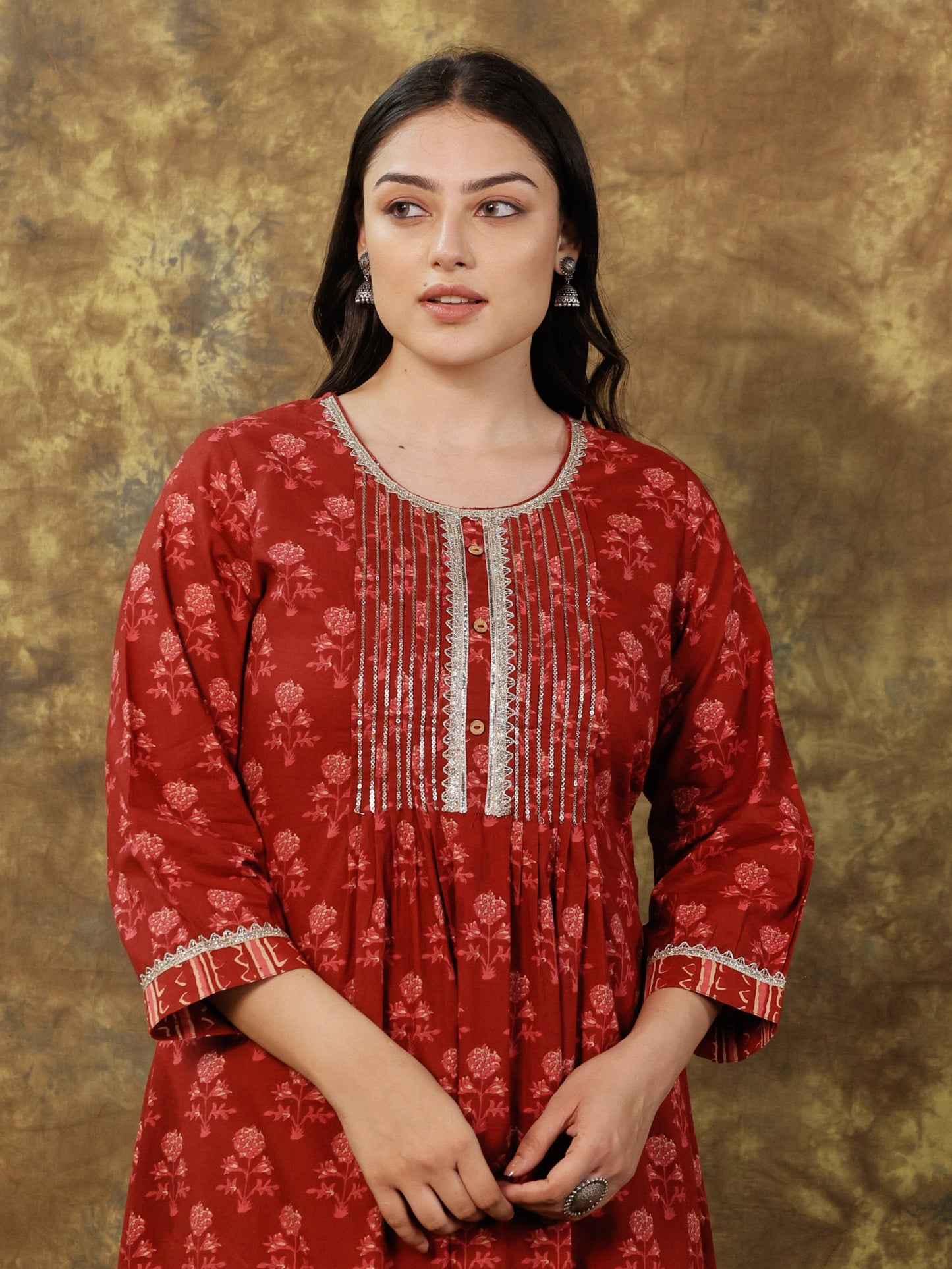 Embroidered Soft Cotton Ajrakh A-line Maroon Kurta