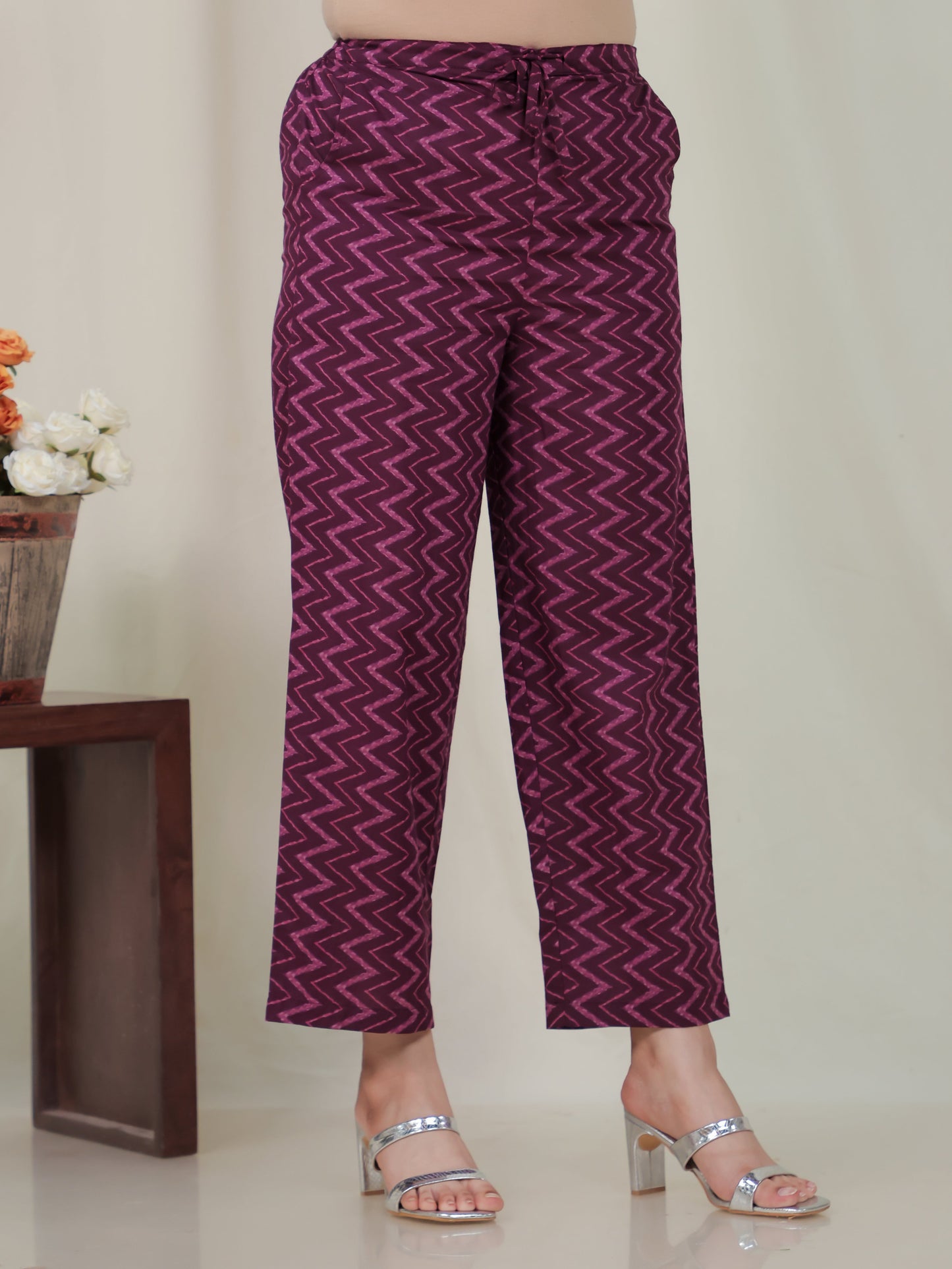 Soft Cotton Striped Purple Straight Trousers