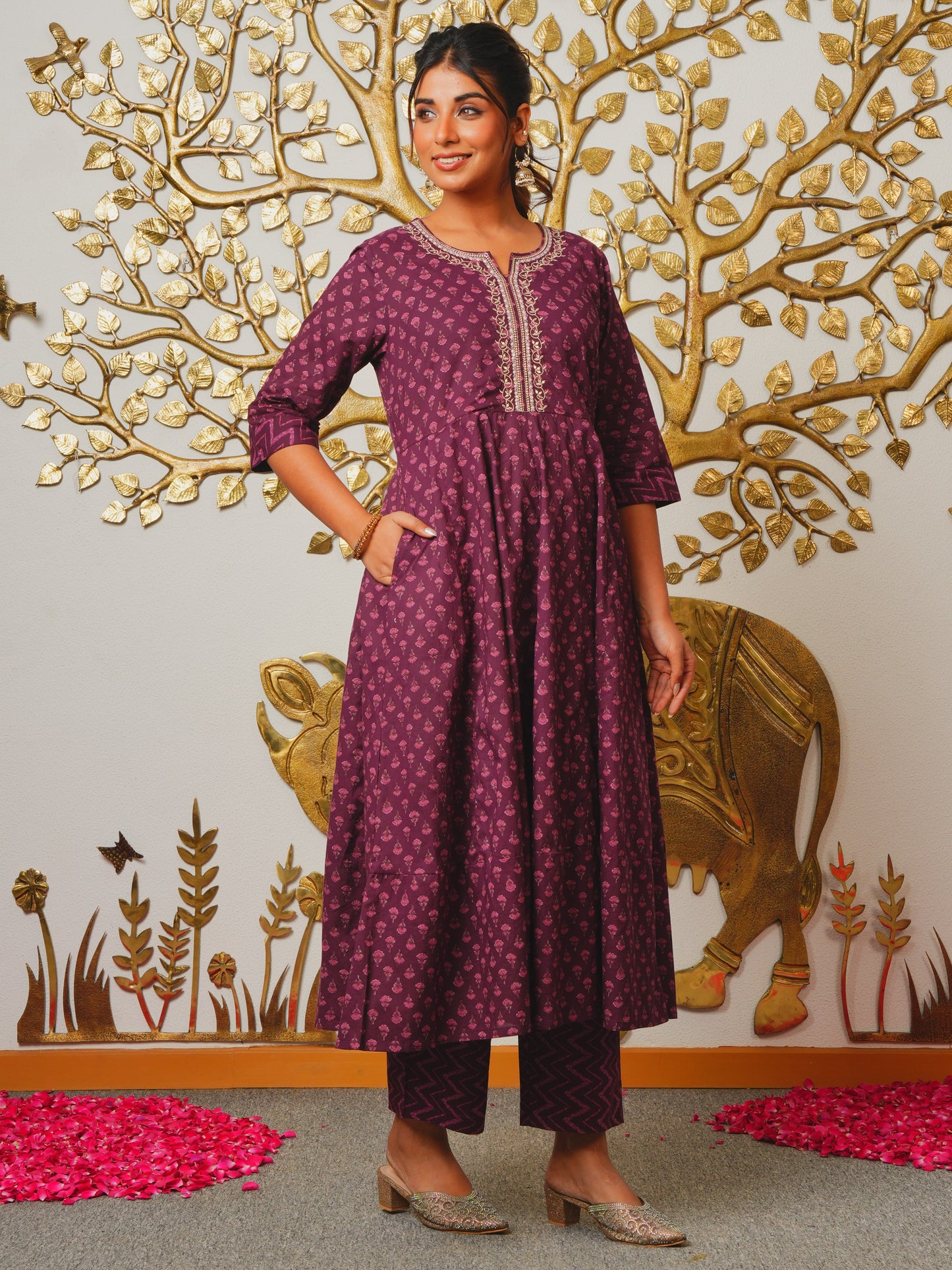 Embroidered Soft Cotton Butti Anarkali Purple Kurta