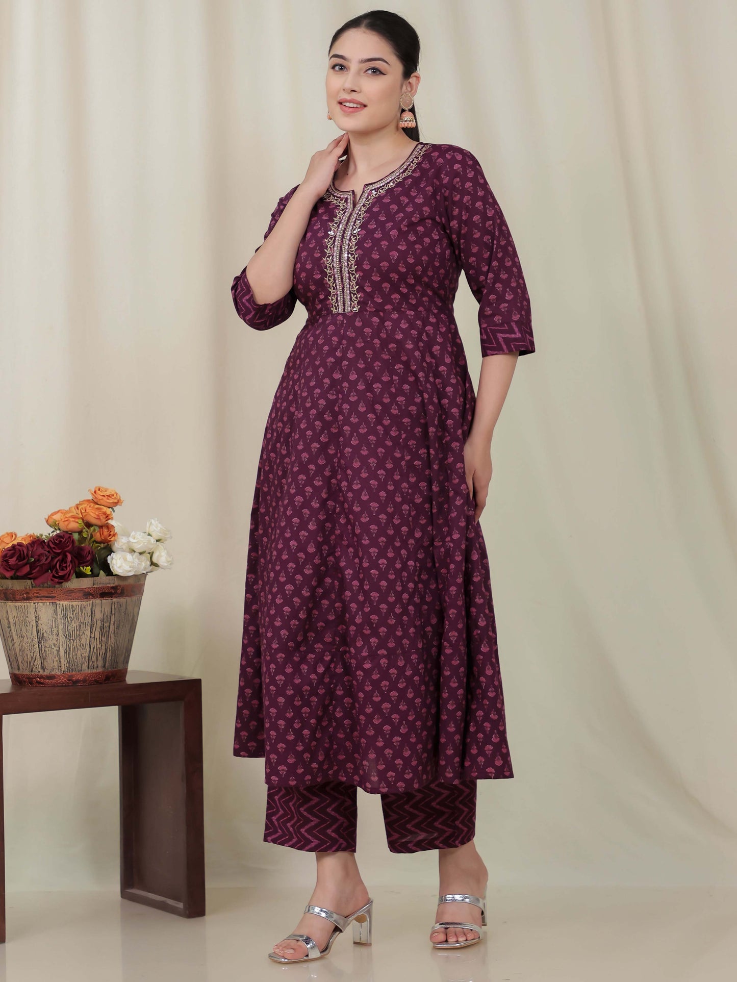 Embroidered Soft Cotton Butti Anarkali Purple Kurta