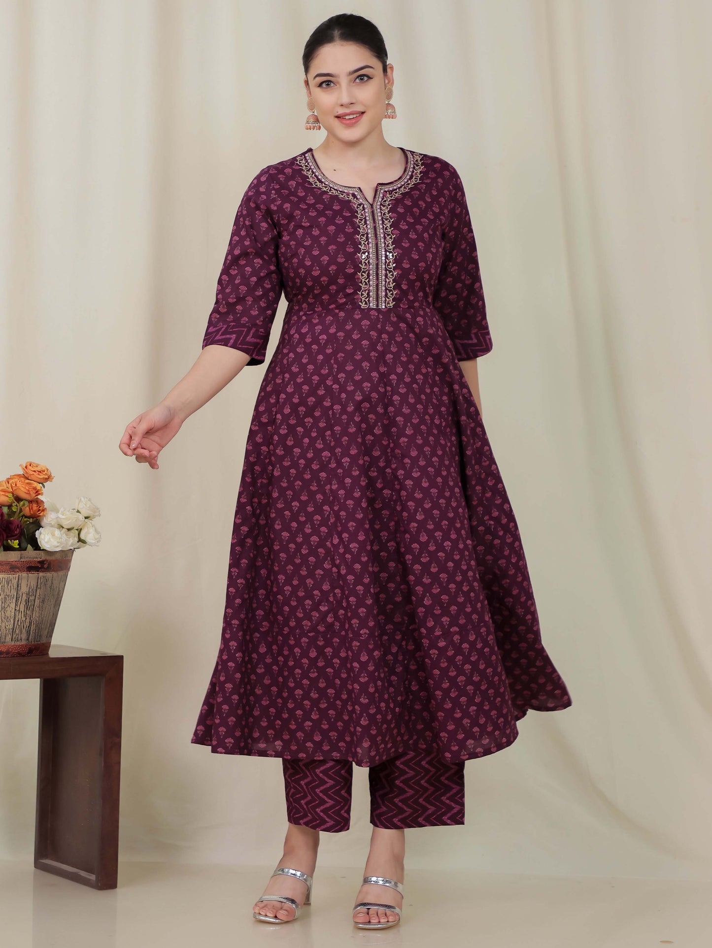 Embroidered Soft Cotton Butti Anarkali Purple Kurta
