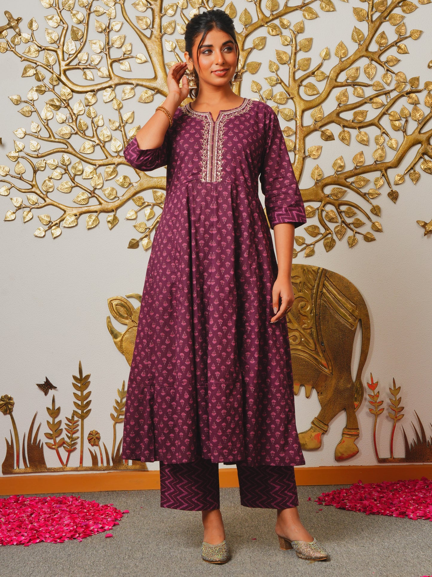 Embroidered Soft Cotton Butti Anarkali Purple Kurta