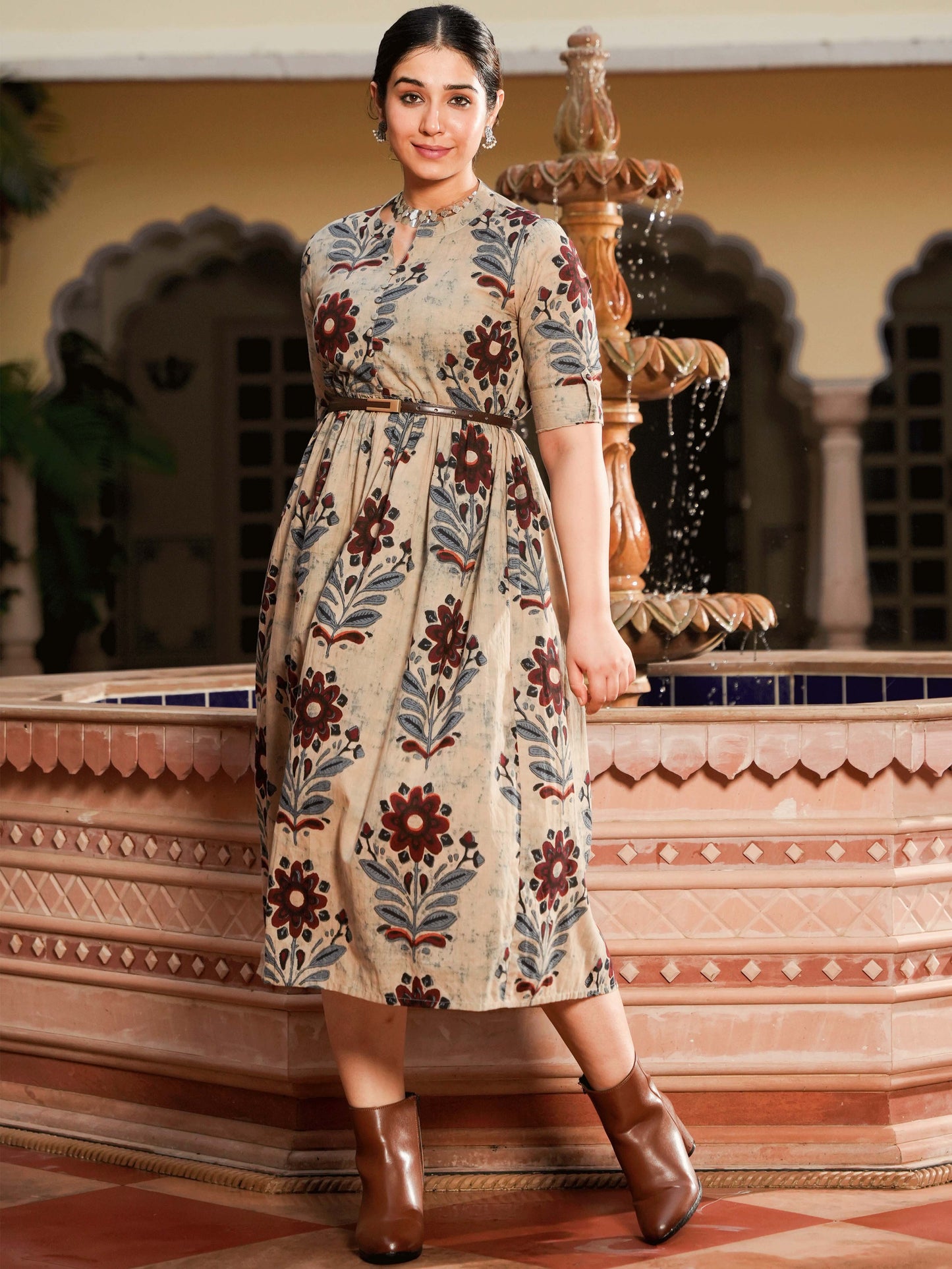 Soft Cotton Floral Flared Grey Dress