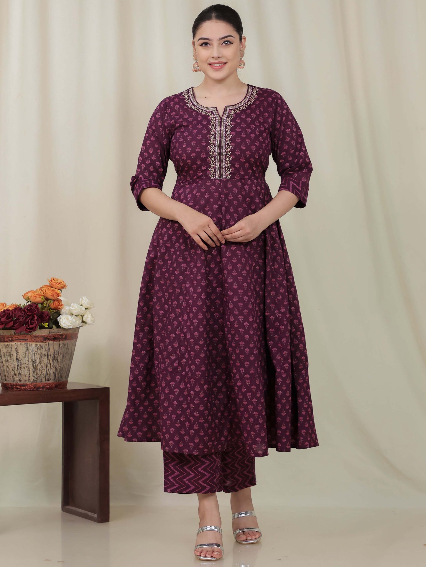 Embroidered Soft Cotton Butti Anarkali Purple Kurta