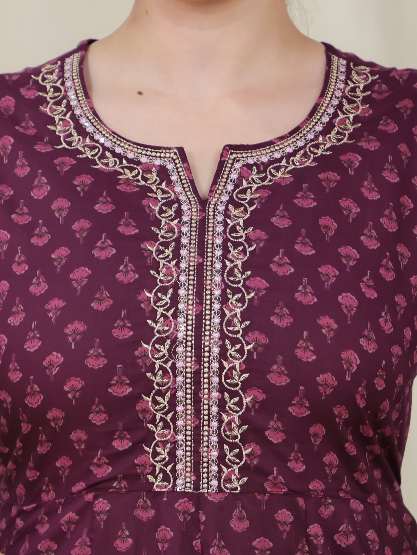 Embroidered Soft Cotton Butti Anarkali Purple Kurta
