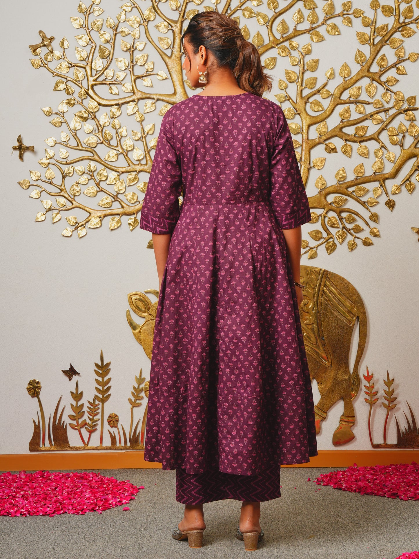 Embroidered Soft Cotton Butti Anarkali Purple Kurta